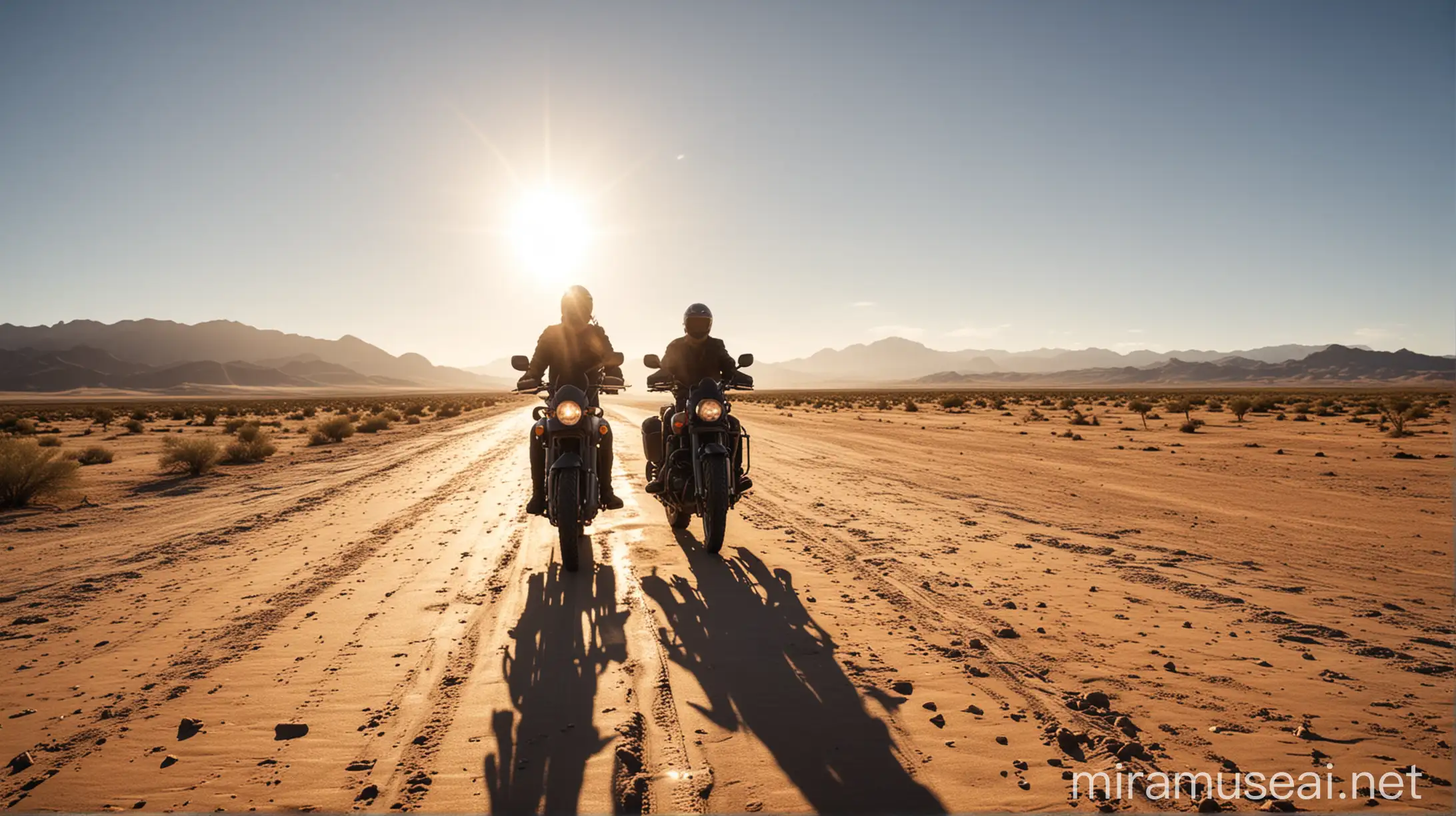 Make an image of a motorcycle traveler in the middle of a desert during a sunny day taking a water break.