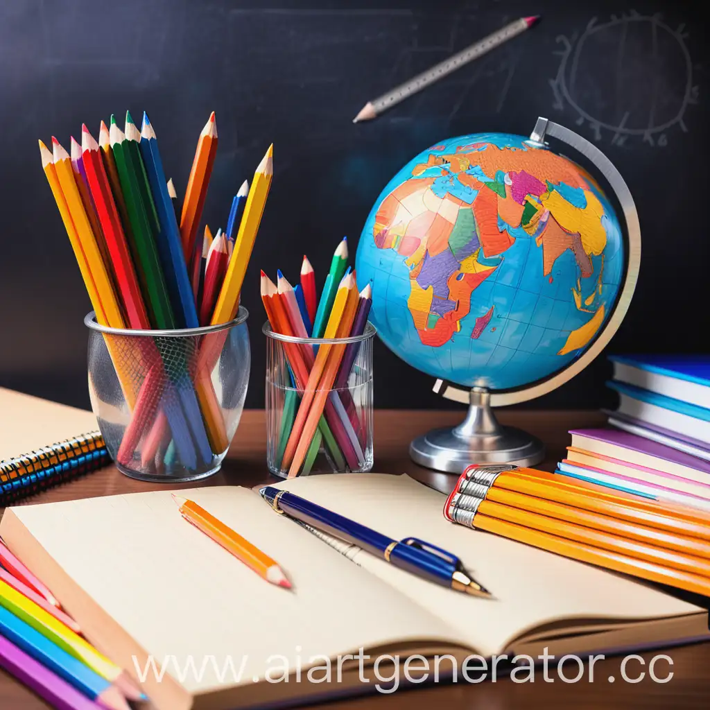 школьные предметы: ручка,  цветные карандаши, линейка, книги, глобус, тетради