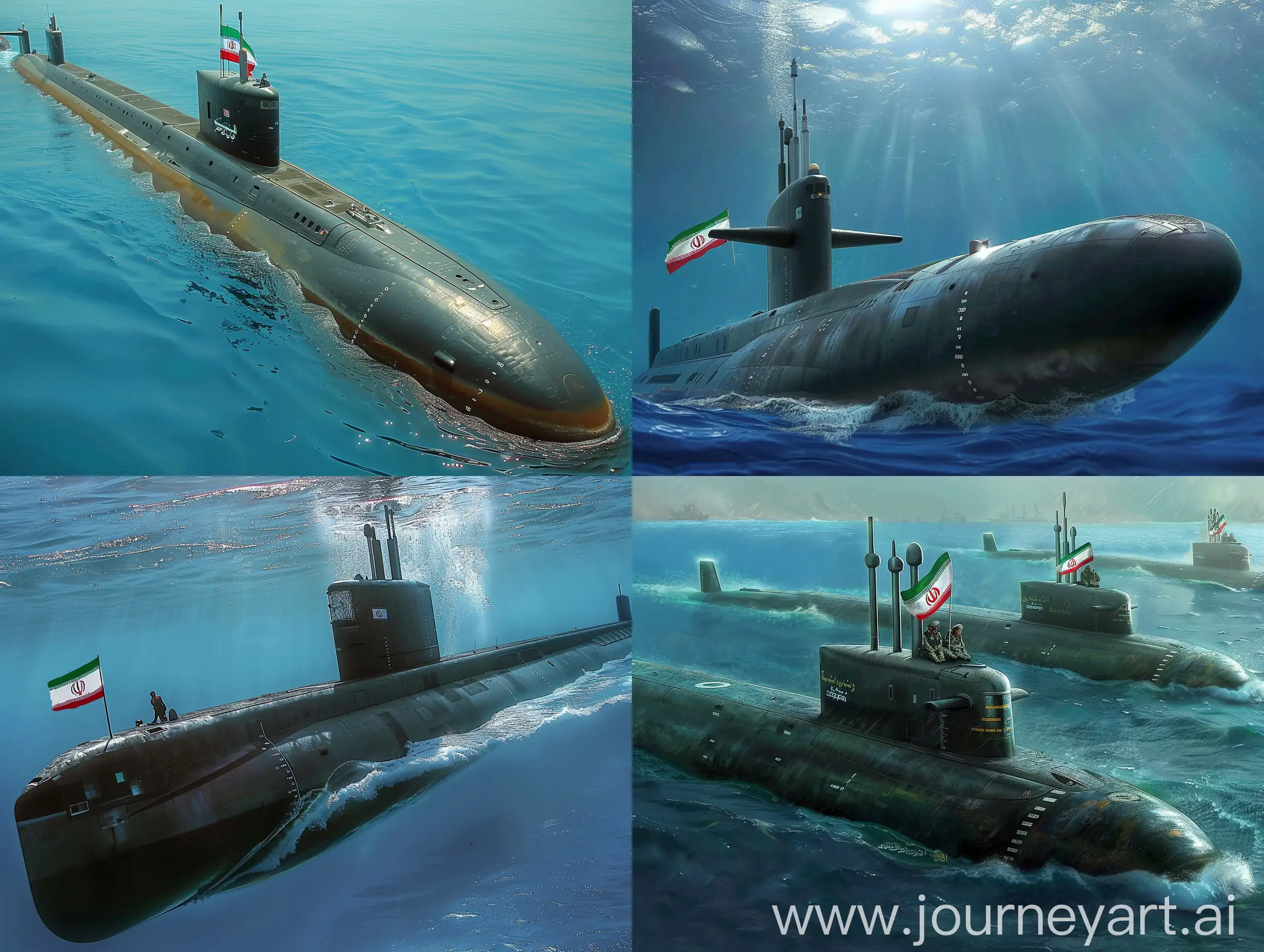 iranian submarines underwater and beautiful sea planets like a heaven , a glorious seen with irans flag on submarines