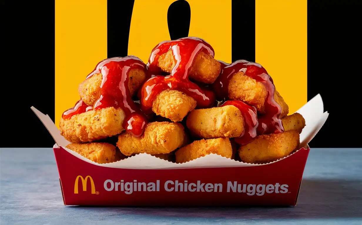 A box of original chicken nuggets with sweet hot sauce that looks like a McDonald's Colonel's chicken nugget AD on a solid color background, shot with a DSLR camera.
