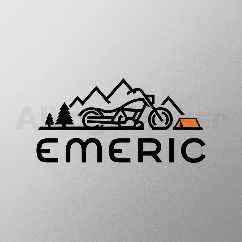 a logo design,with the text "Emeric", main symbol:Un moto with in backdrop mountain road and a tent of camping. In black, white and orange,Minimalistic,clear background