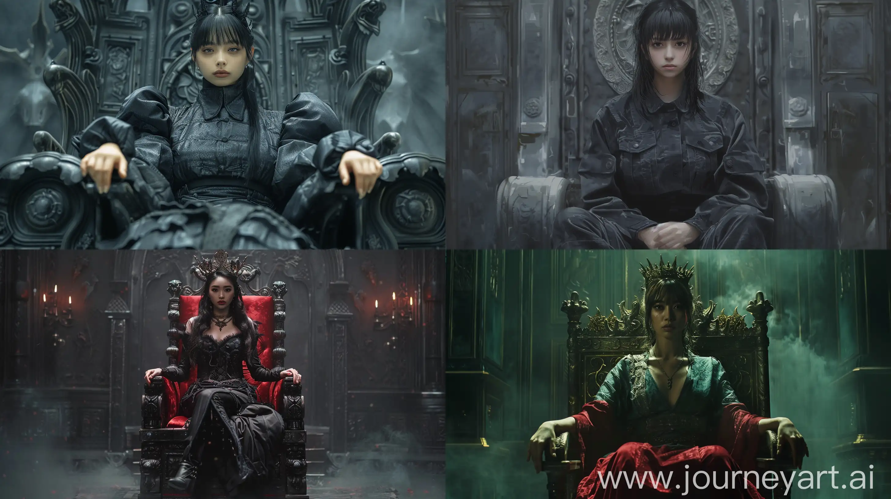 a woman sitting on a throne, in the style of dark gray and dark crimson, mechanized precision, ue5, matte photo, nobuo sekine --ar 16:9 --s 150 --c 10 --v 6.0