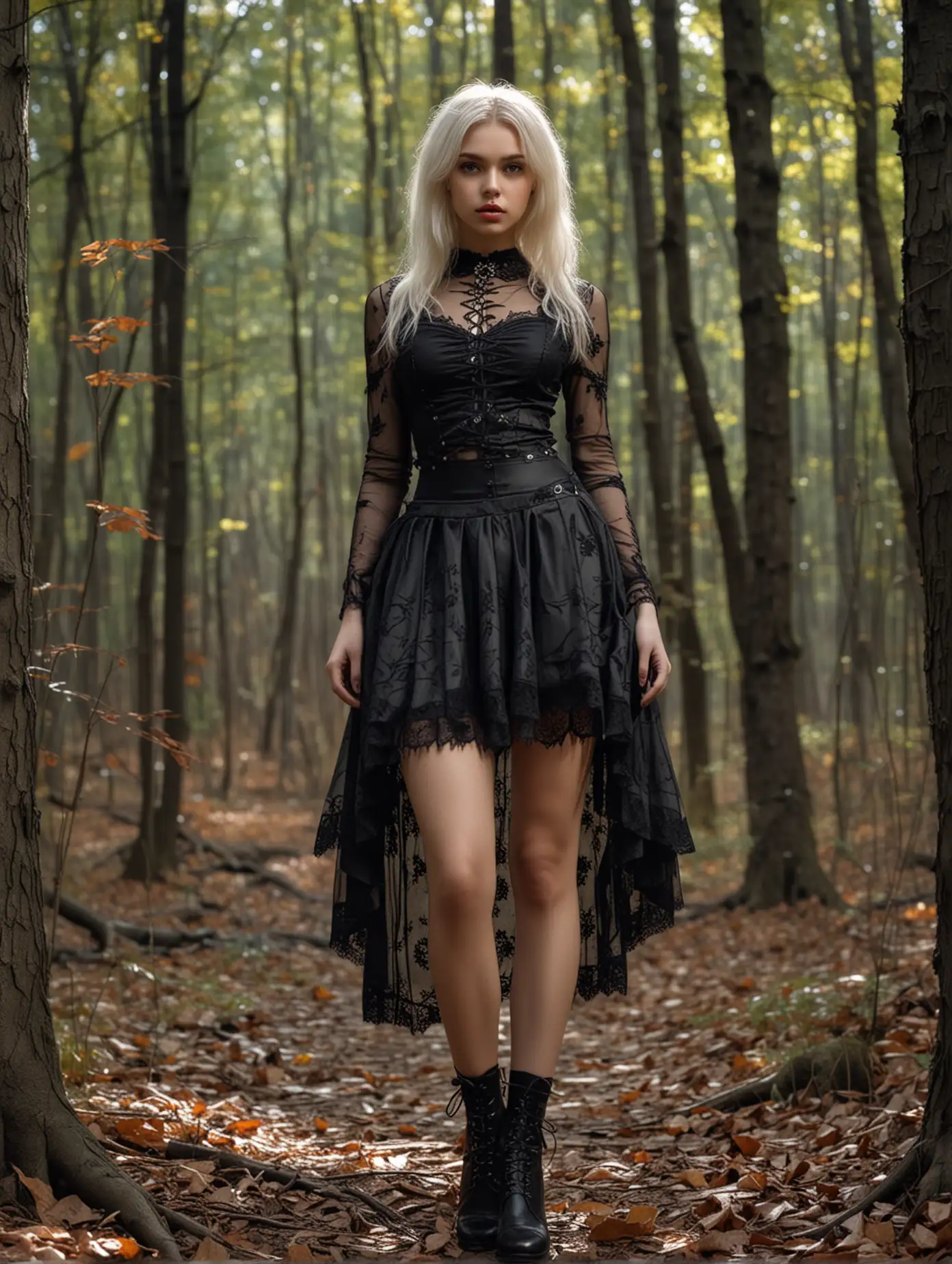 Photo of a beautiful 18 y.o. russian model, full body, wide shot, detailed skin, perfect hips, perfect body, very detailed, 4K HQ, 8K HDR, High contrast, shadows, platinum blonde hair, sexy gothic sheer costume with skirt, in forest