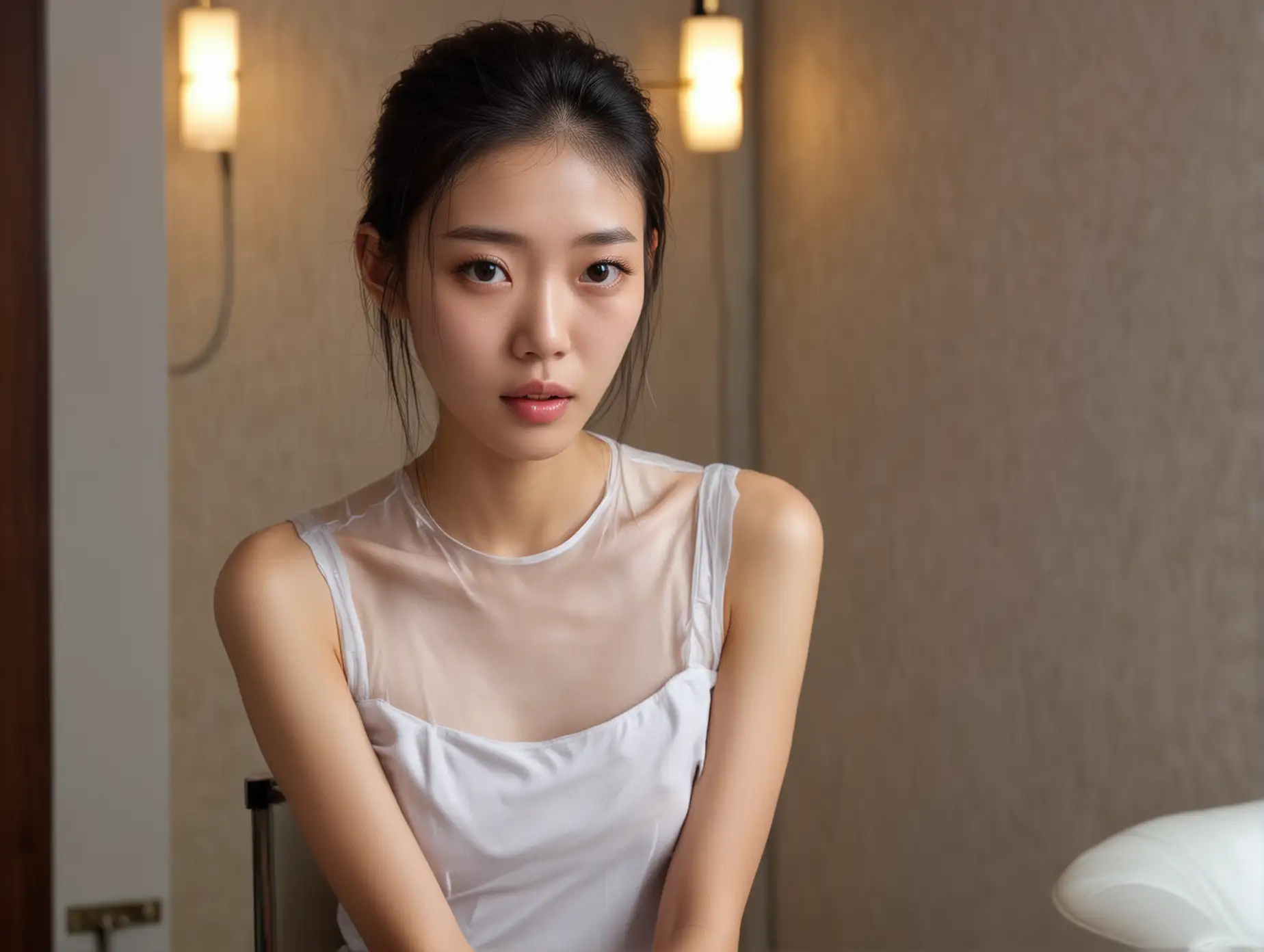 angelic sweet shy very skinny young Chinese stylist without makeup in an upscale salon, blushing and stunned, her mouth agape, staring at the camera with a desperate pleading look.