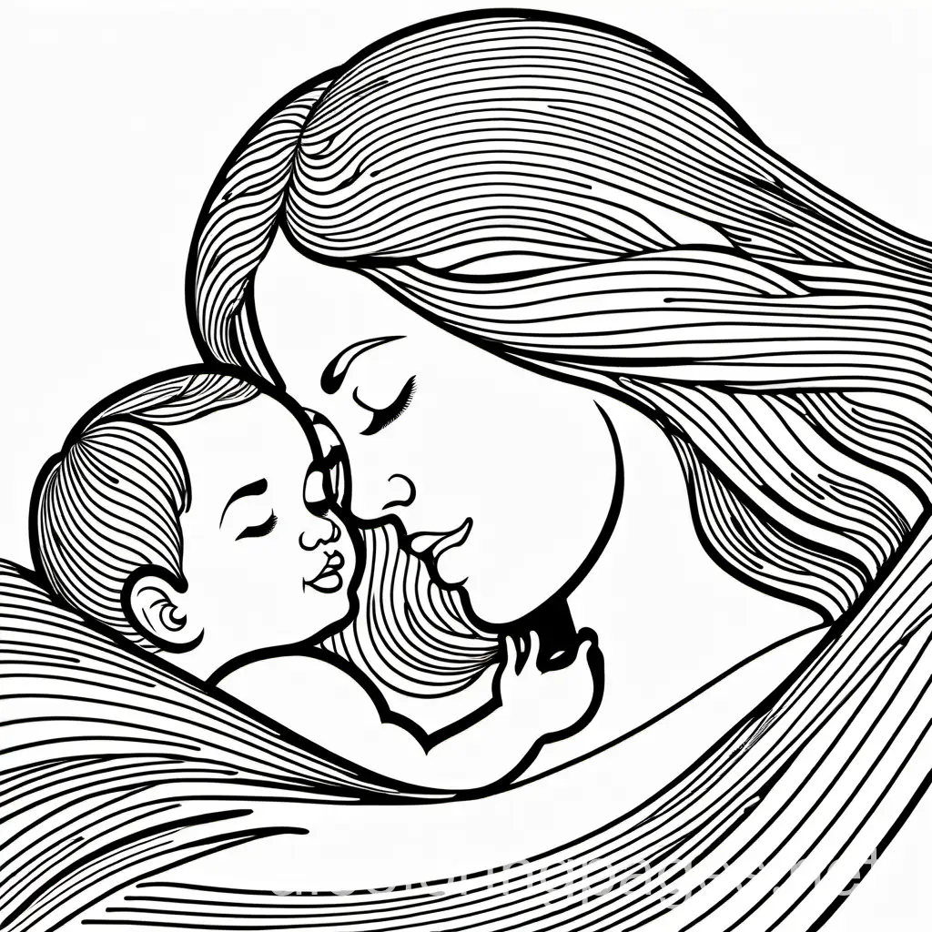 mother and baby, Coloring Page, black and white, line art, white background, Simplicity, Ample White Space. The background of the coloring page is plain white to make it easy for young children to color within the lines. The outlines of all the subjects are easy to distinguish, making it simple for kids to color without too much difficulty 