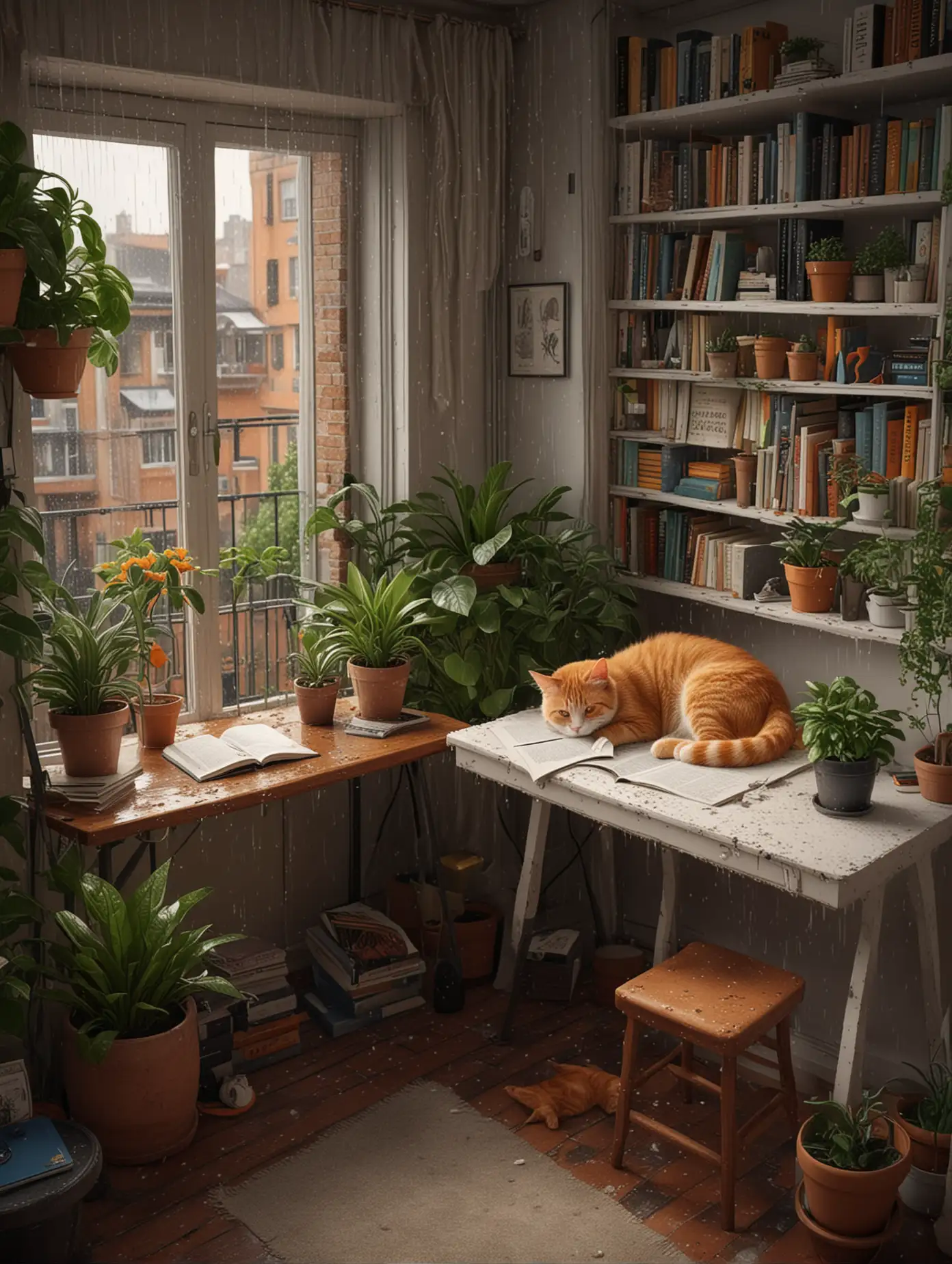 Outside the study is a balcony full of potted plants. There's a desk, a computer, a whole wall of books, full of detailed and realistic details, in 8k high definition. There's an orange cat sleeping on the floor, a white bed, rain falling outside the window, buildings below, a desk lamp, cozy.