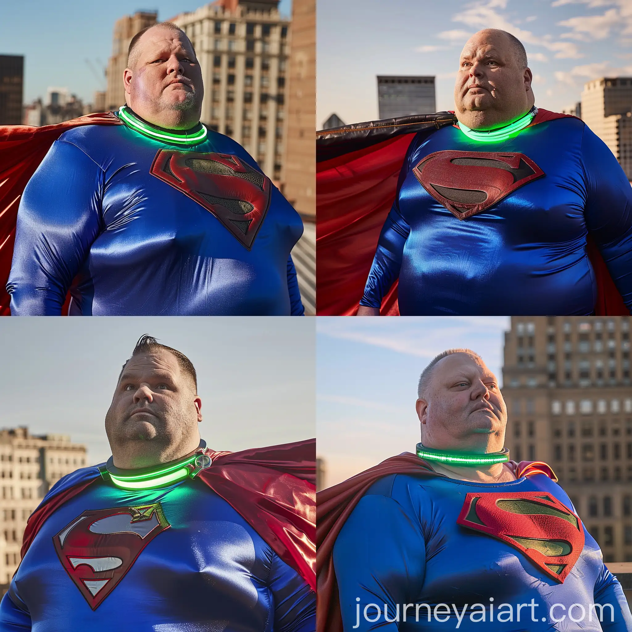 Superman Cosplay Fat Man in Royal Blue Costume on Rooftop | Journey AI Art