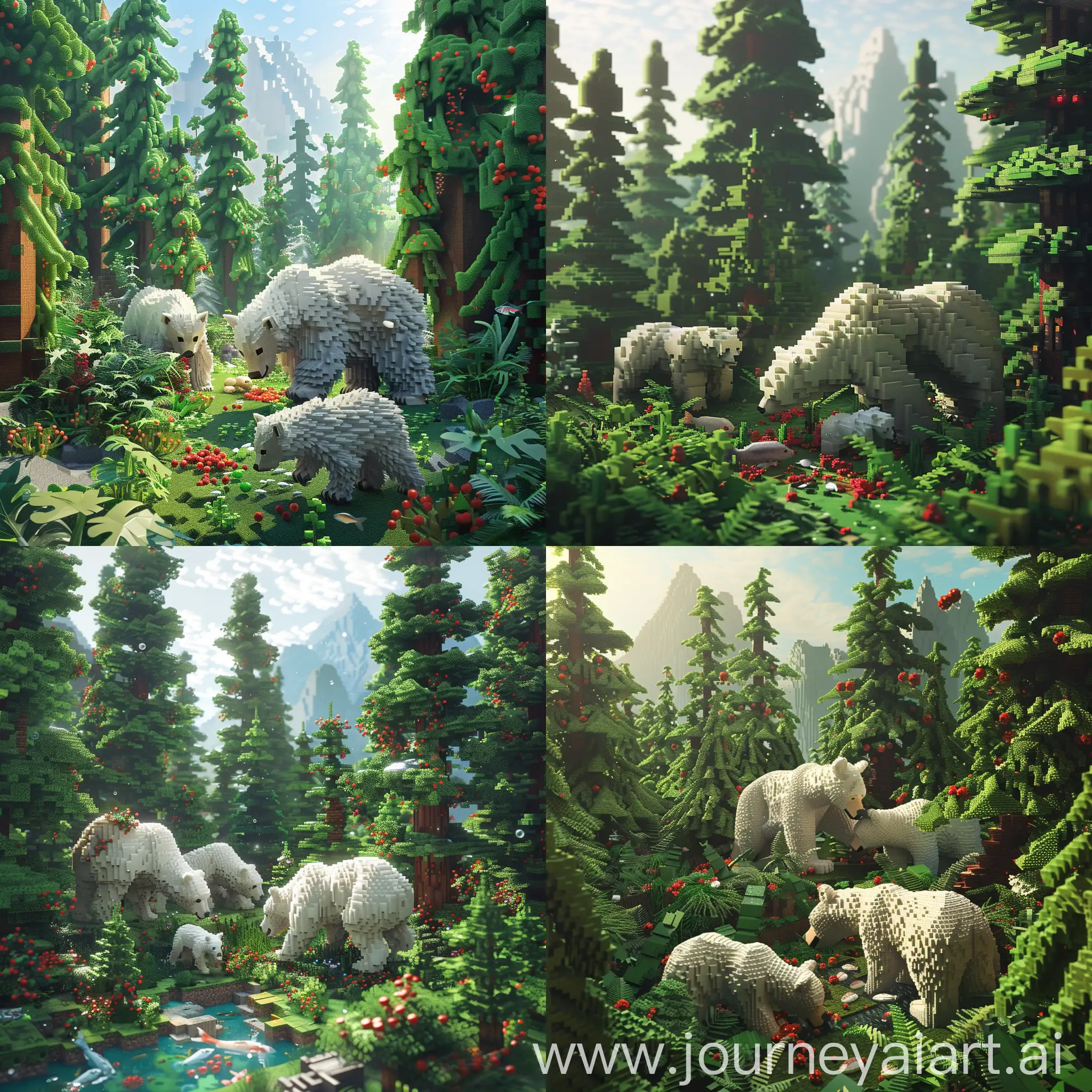 Tranquil-Forest-Scene-Family-of-White-Bears-Foraging-in-Minecraft-Habitat