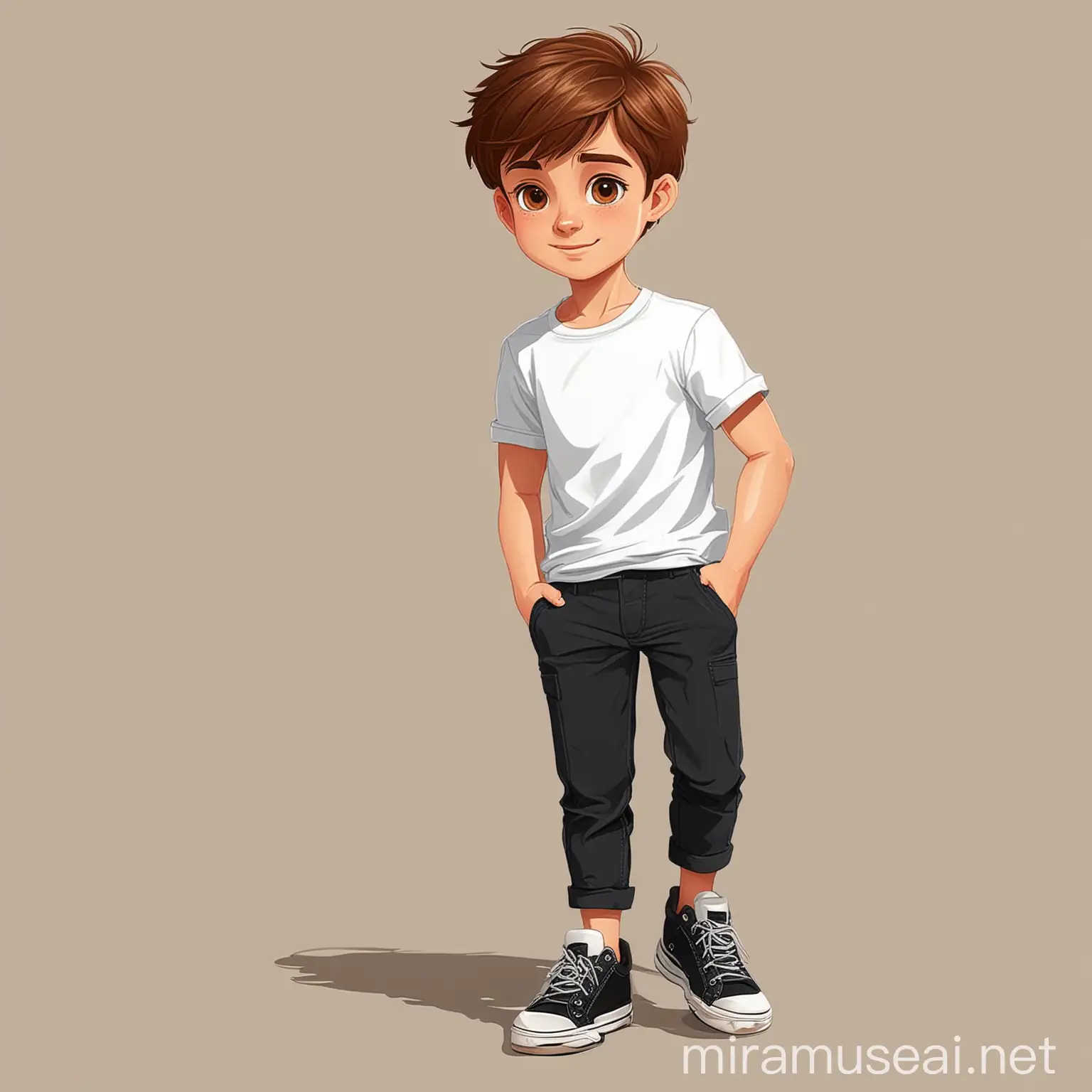 Draw a young boy with brown hair who wears a white shirt, black pants, and sneakers in a vector flat style