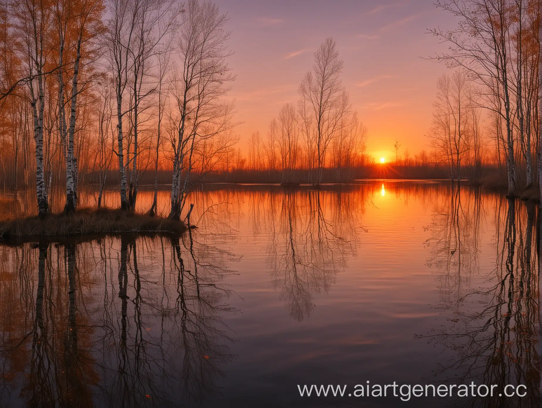Tranquil-Sunset-Over-a-Red-Sunlit-Lake-with-Rare-Birch-Trees