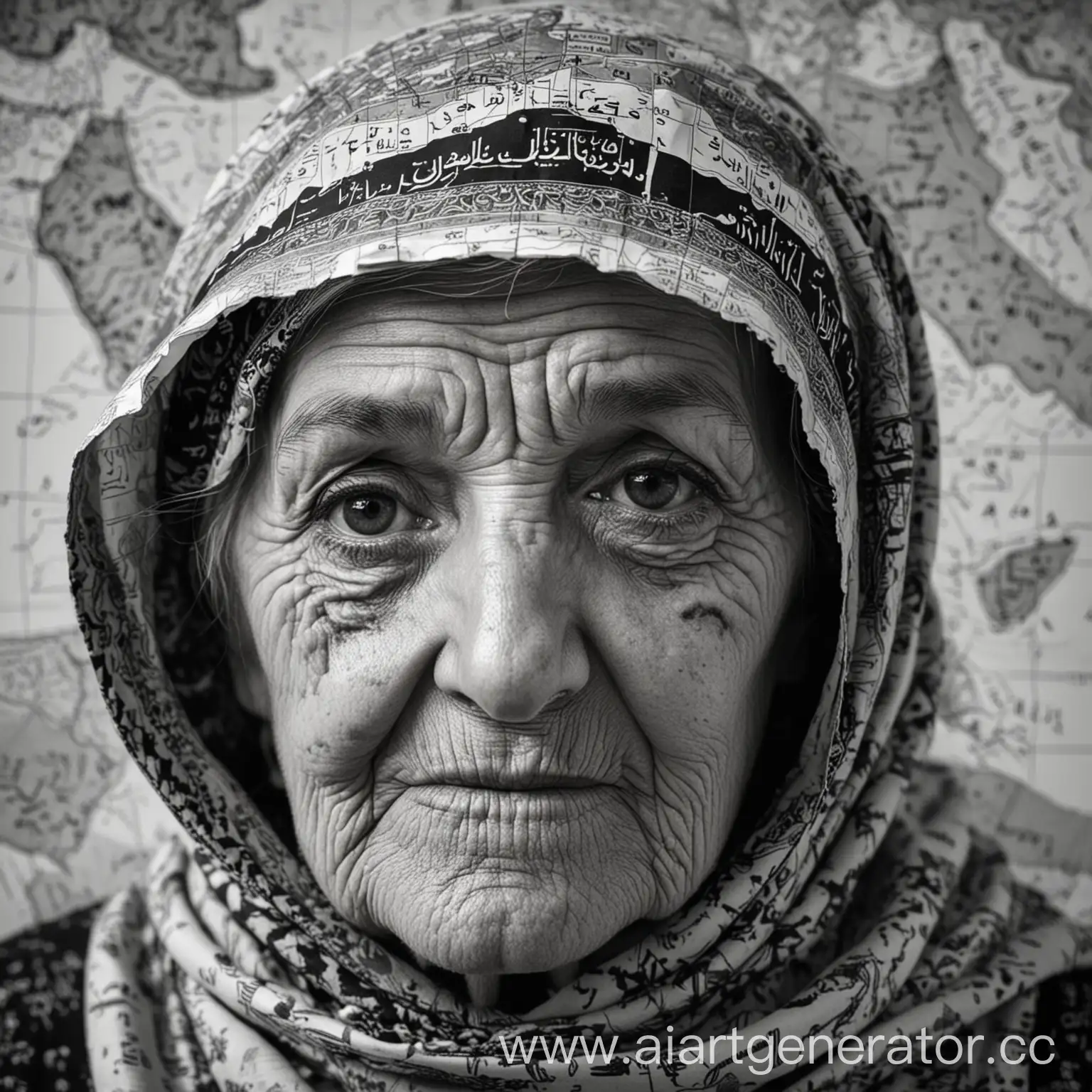 a map of IRAQ prominently displayed in the center of the face of an elderly woman with her head covered and the picture is in black and white