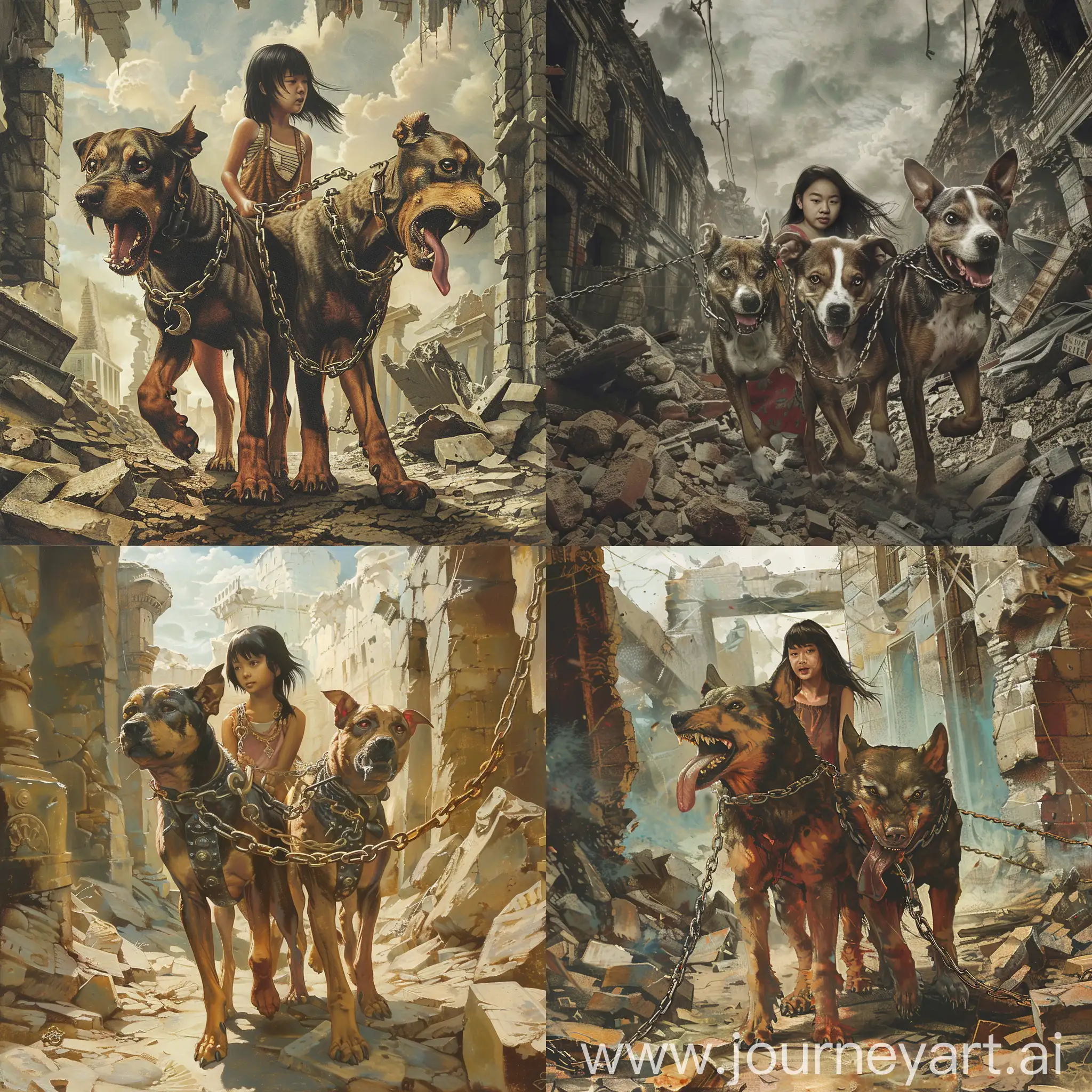 Цербер трехглавый пёс на цепи с девушкой азиаткой идут по разрушенным руинам