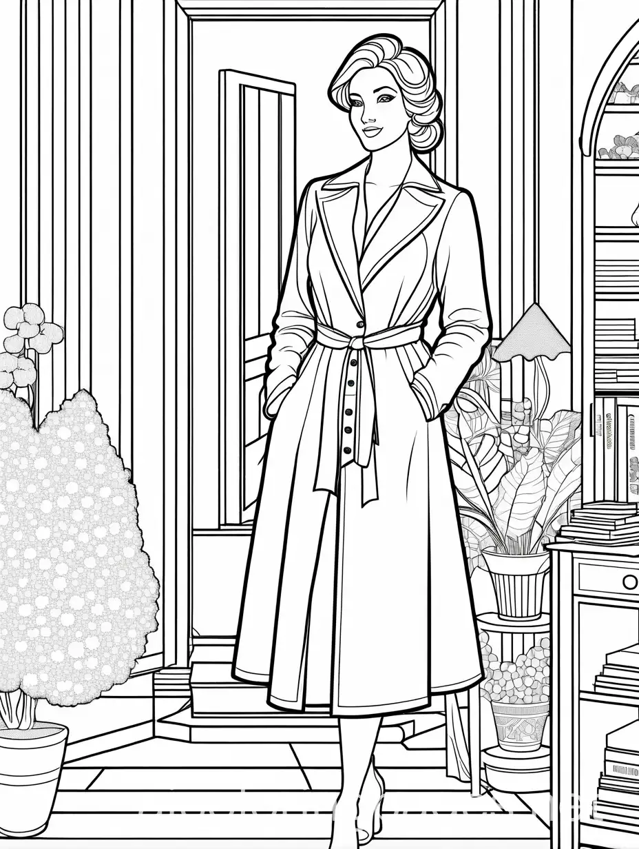 Mom as a home hero, depicted as fashionista diva, detailed scene, black and white coloring page, Coloring Page, black and white, line art, white background, Simplicity, Ample White Space. The background of the coloring page is plain white to make it easy for young children to color within the lines. The outlines of all the subjects are easy to distinguish, making it simple for kids to color without too much difficulty