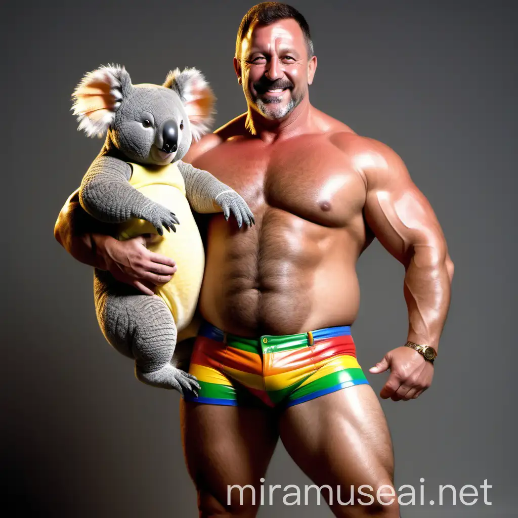 Muscular Topless Man in Rainbow Shorts Holding Koala