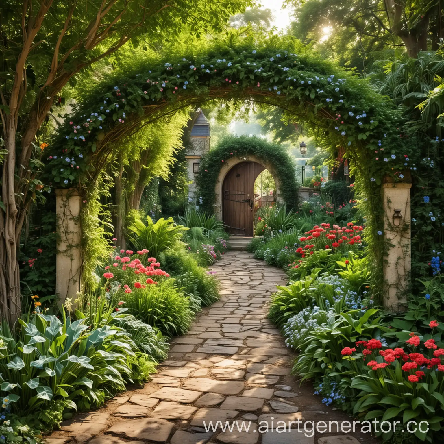 красивый вход в сказочный сад  с огромным  количеством растений.
