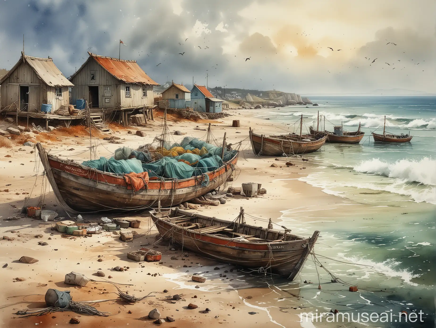 море, рыбацкая хижина, рыболовные сети сохнут на берегу,, перевернутая лодка сохнет на берегу моря, watercolour style by Alexander Jansson