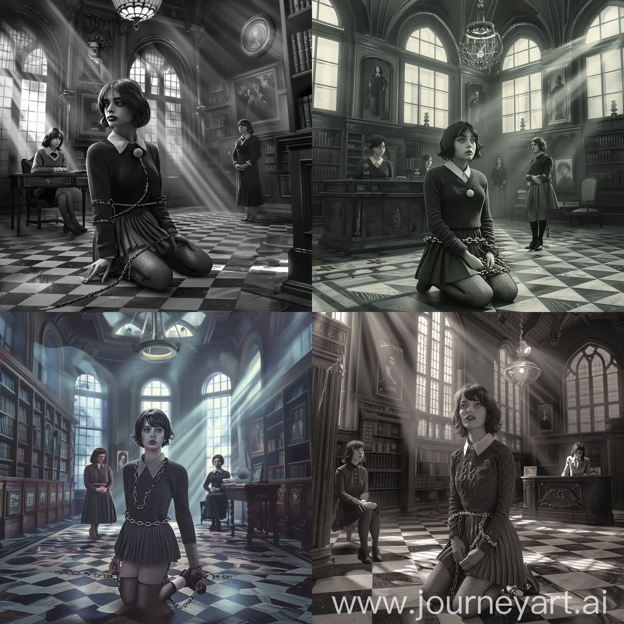 Create a dark, atmospheric scenario set in a grand, old-fashioned library with large arched windows allowing beams of light to filter through. The main subject is a young woman with short, dark hair. She is kneeling on a patterned, checkered floor, bound with chains and wearing a collar with a ball in mouth. Her attire includes a dark sweater over a collared shirt, paired with a pleated skirt and fishnet stockings. The scene should include two other women: one seated at an antique wooden desk, observing the bound woman with a neutral expression, and the other standing in the background with an air of authority. The room is filled with bookshelves, portraits, and an Old English aesthetic to enhance the mysterious and somewhat eerie ambiance. Capture the tension and dramatic lighting to emphasize the emotional gravity of the situation.