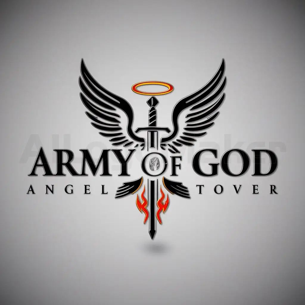 a logo design,with the text "Army of God", main symbol:Angel wings, halo, sword of fire,Moderate,be used in 0 industry,clear background