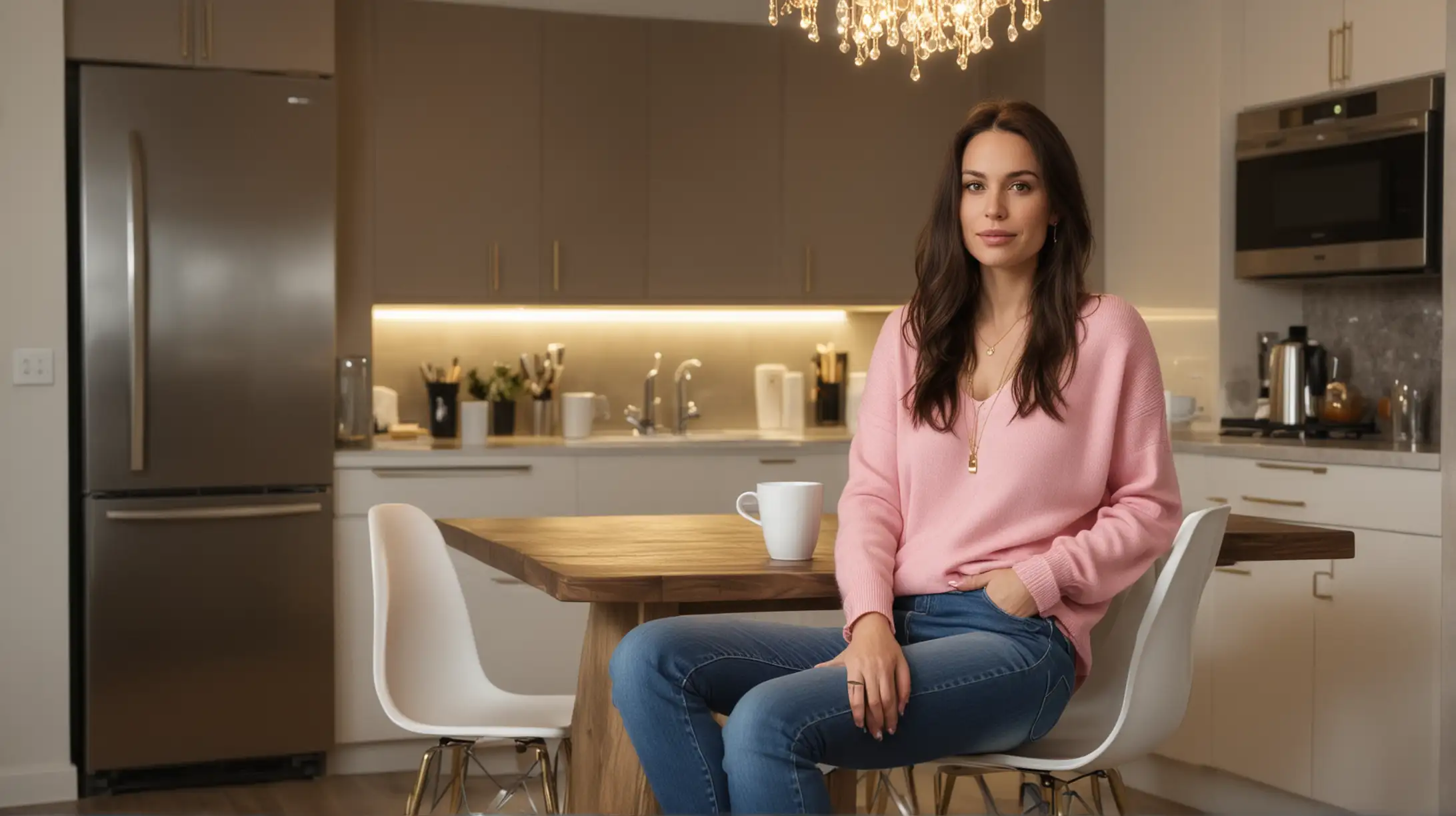 30 year old nude white woman with long dark brown hair and gold necklace, pink sweater and blue jeans, sitting at kitchen table with one cup of team, modern high rise urban apartment background at night