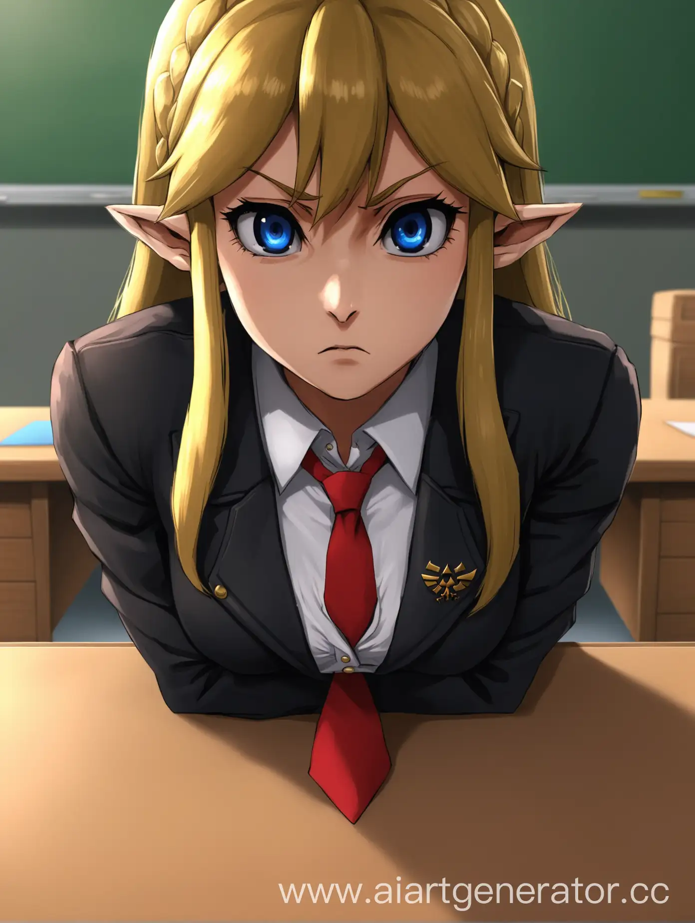 Pov, Zelda teacher , short tie, white blouse under black fitted buttoned jacket, sitting alone at a desk, mad look,face sitting in forward facing position, close up