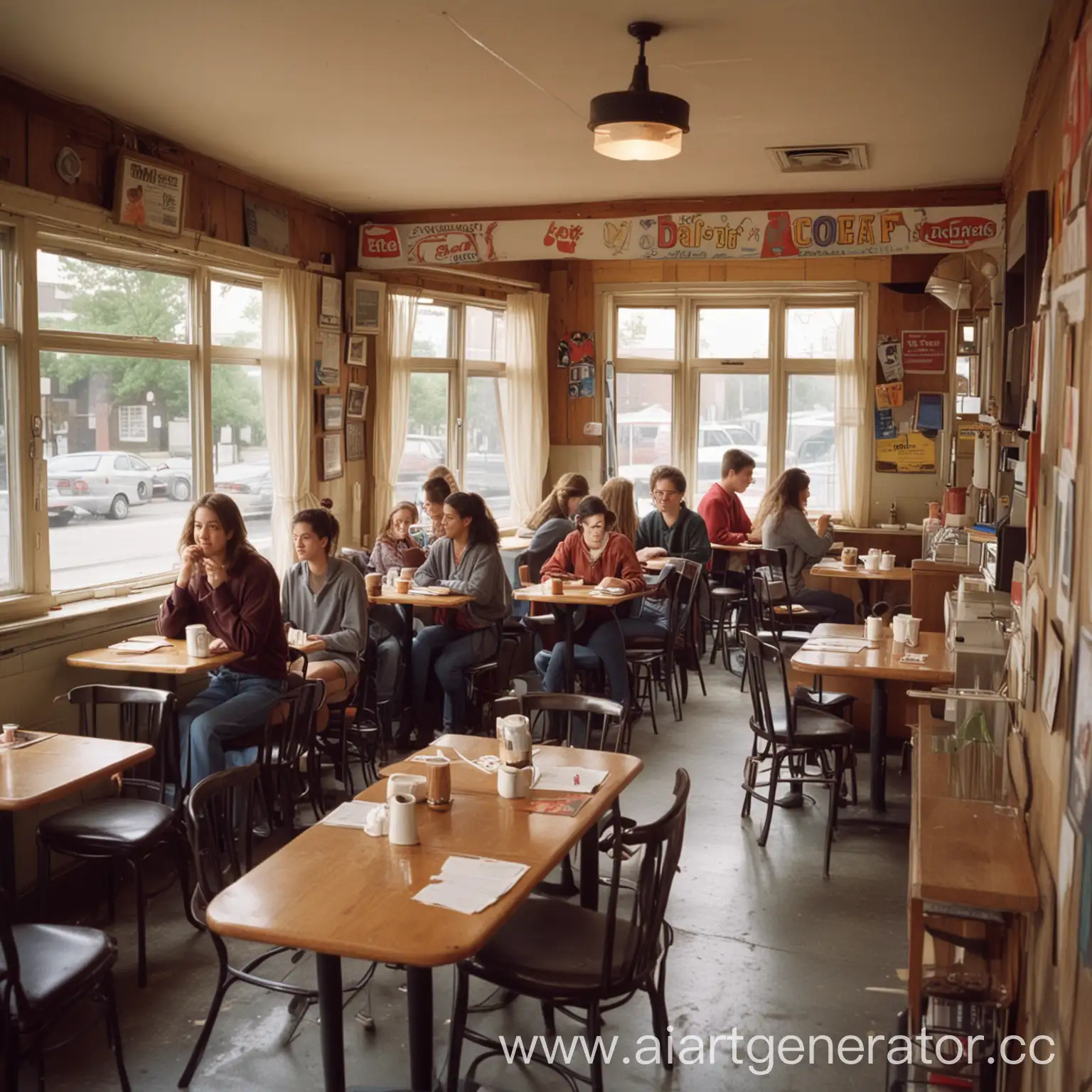 Маленький уютный кафетерий, заполненный студентами. 1990-ые США

