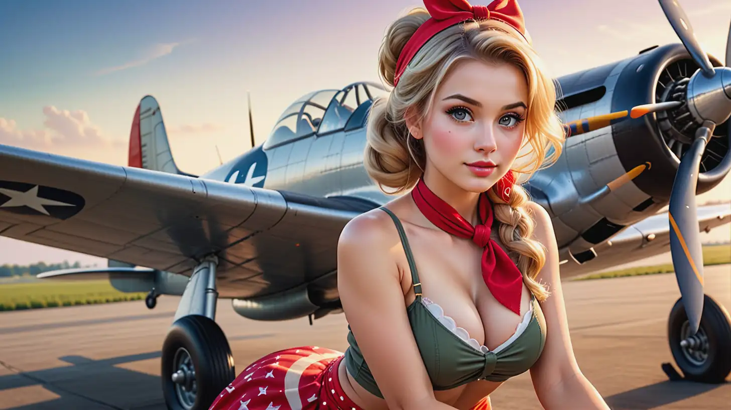 Gorgeous Rapunzel as a vintage pin up girl, very attractive face, highly detailed eyes, big breasts, skinny body, dark eye shadow, blonde hair in messy updo, wearing a tied top with a red bandana and short skirt, sitting on a P-51 D mustang airplane, bokeh background, soft light on face, rim lighting, photorealistic, hyper realistic, very high detail, extra wide photo, full body photo
