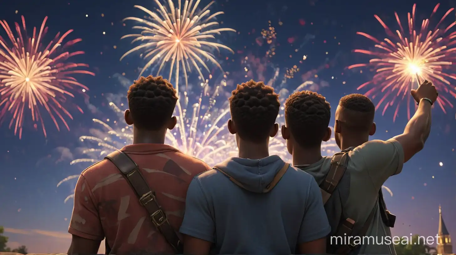 create a  image of two African -American men on of the men has his armed over the shoulder of the other friend as they watch fireworks in the sky.
 illumination, Disney- Pixar style illustration 3-D Animation, 4k