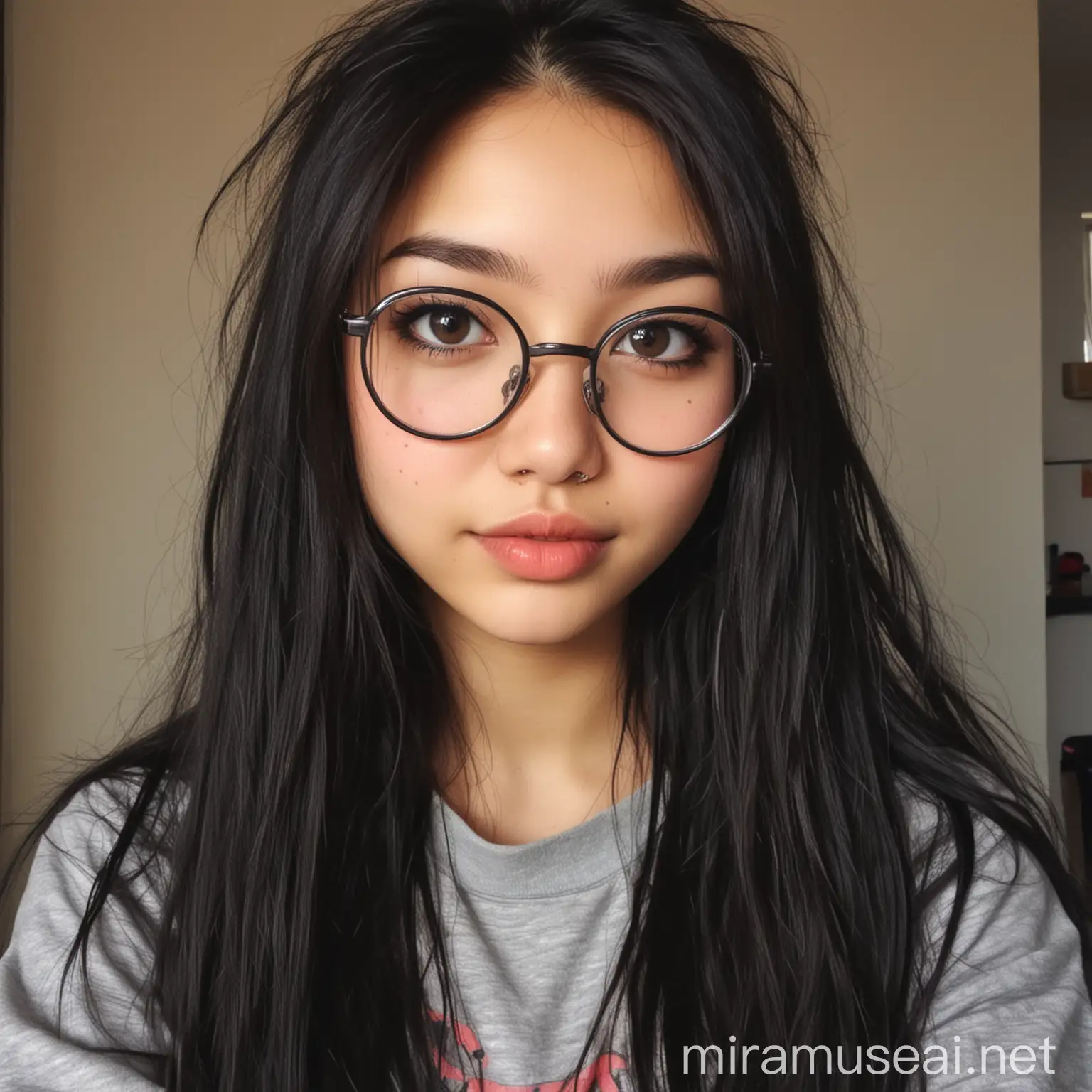 Confident Cool Girl with Messy Black Hair and Glasses