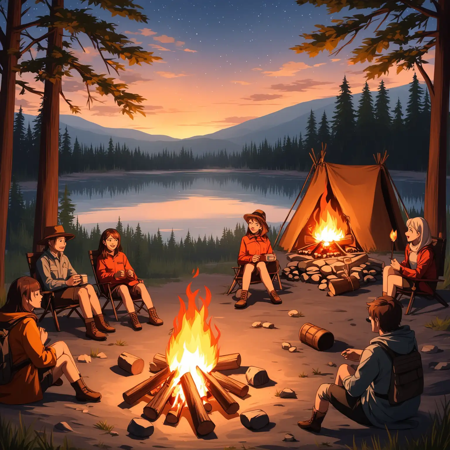 Gathering Around the Campfire Friends Enjoying Nighttime Bonfire