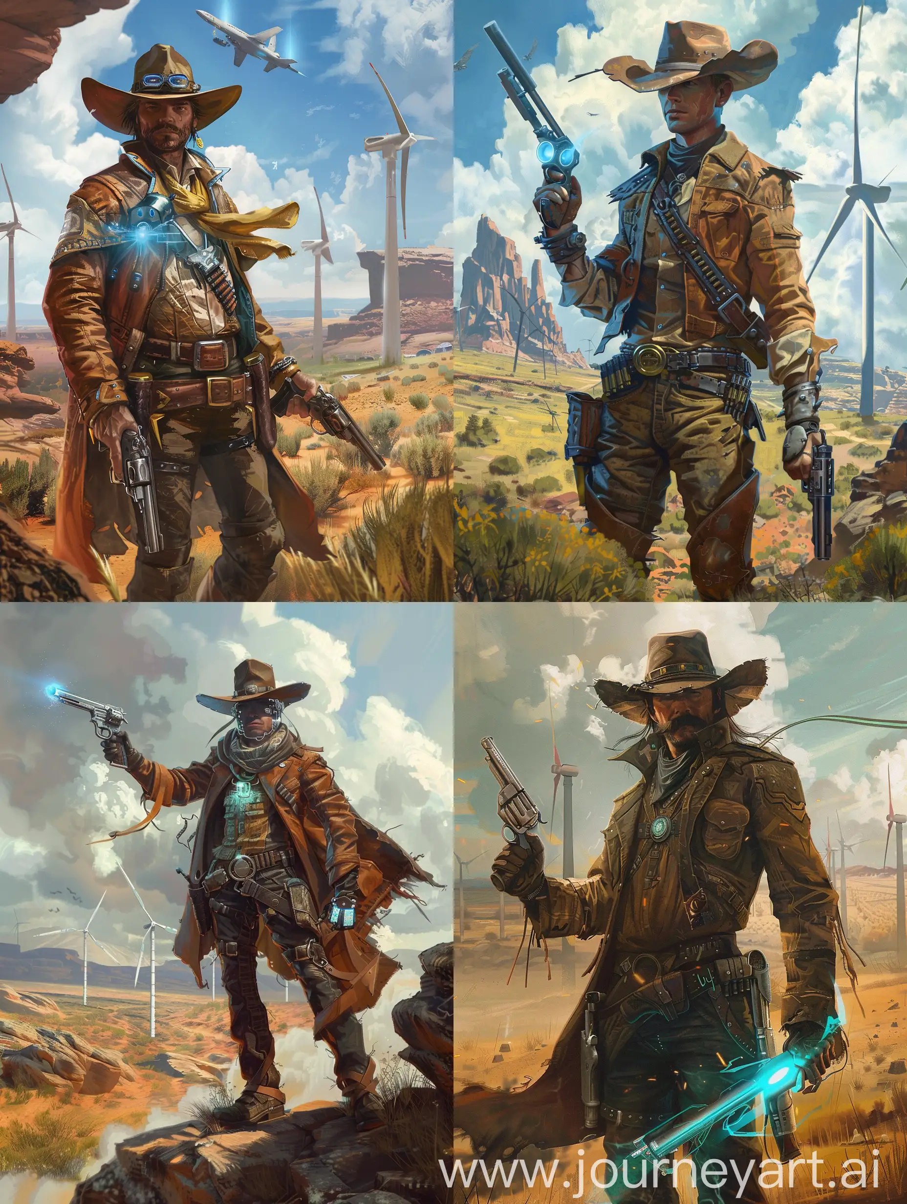 Futuristic-Cowboy-Amid-Windmills-in-Texas-with-Holographic-Guns