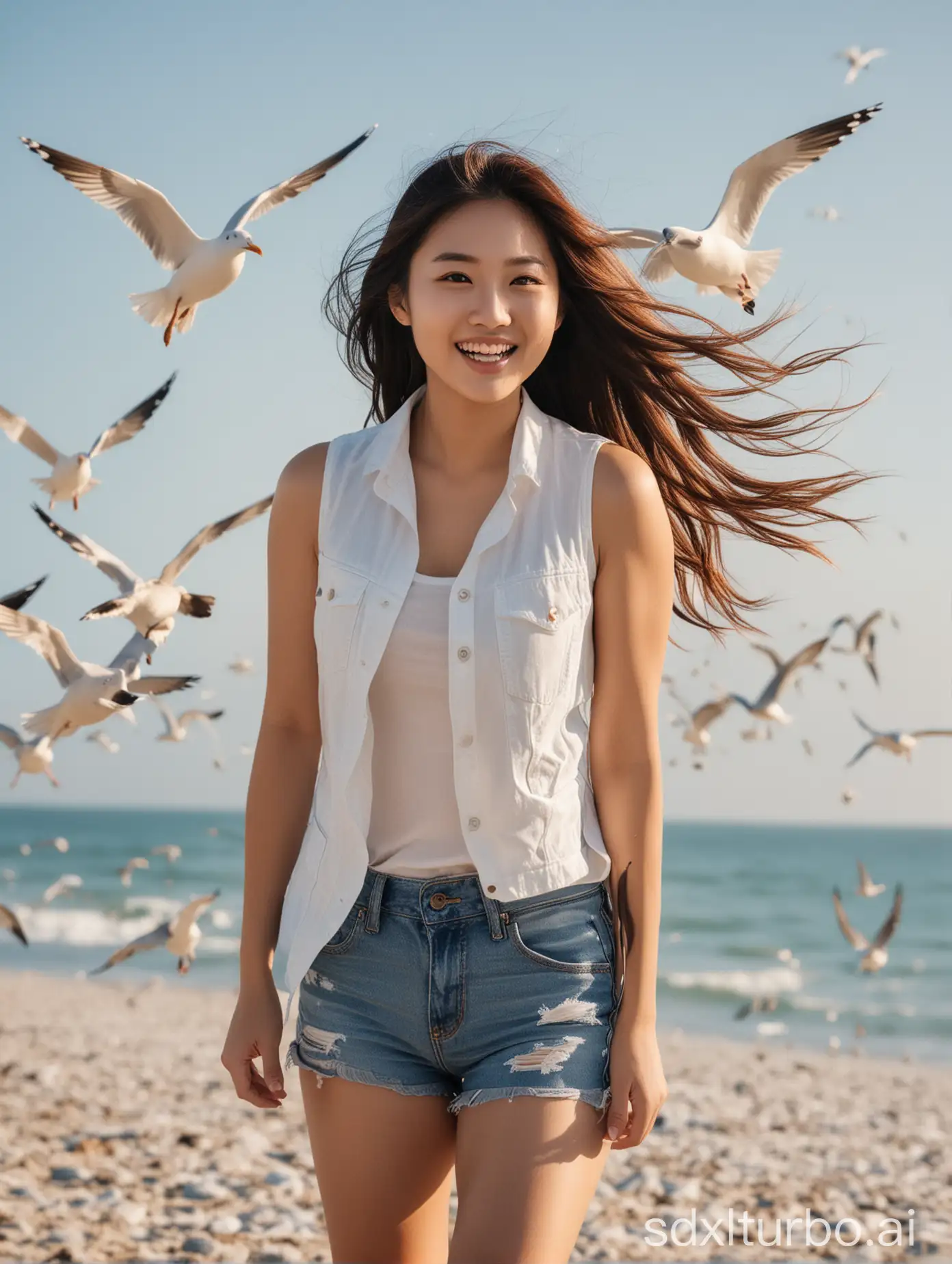 Smiling-Asian-Woman-with-Long-Hair-on-Sunny-Beach