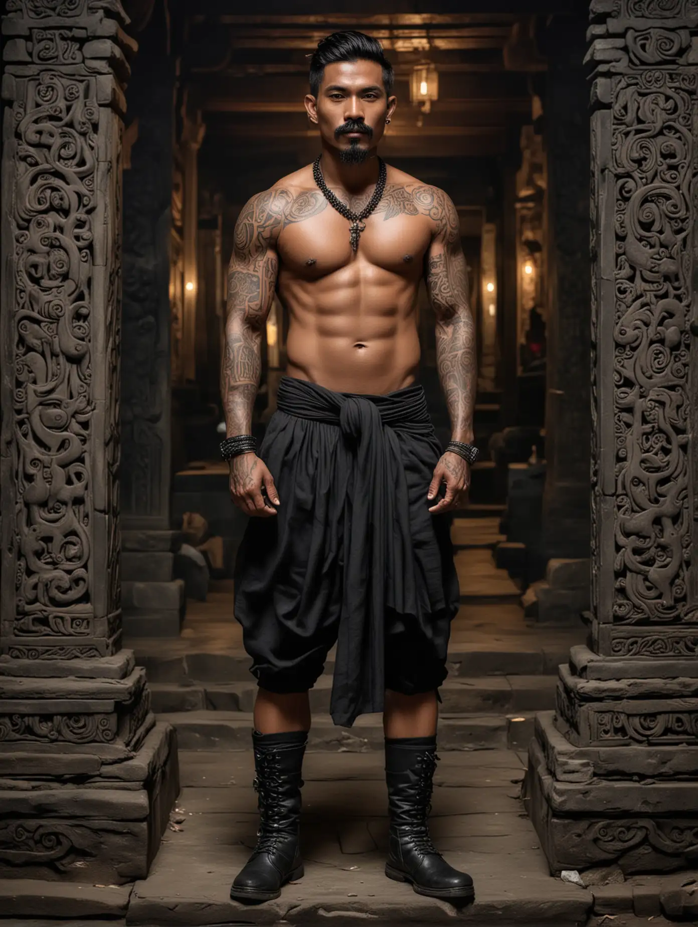 a 35 year old Indonesian man with big muscles, body full of tattoos, with mohak black hair, thick mustache and beard, shirtless, very handsome, dark skinned, wearing a black cloth, sly face, iron jewelry, black boots, standing in a temple. Ancient Indonesian stones are black at night