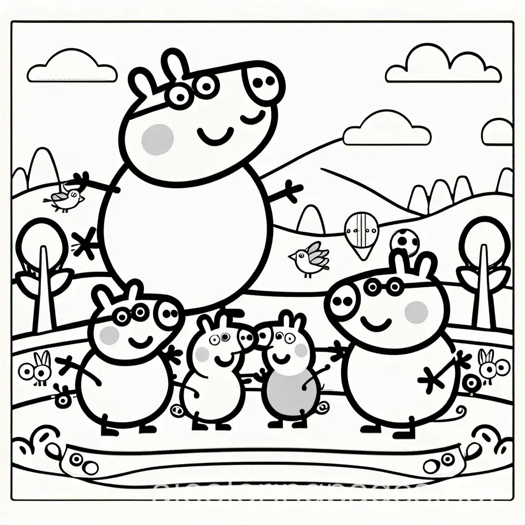 peppa pig with george and family, Coloring Page, black and white, line art, white background, Simplicity, Ample White Space. The background of the coloring page is plain white to make it easy for young children to color within the lines. The outlines of all the subjects are easy to distinguish, making it simple for kids to color without too much difficulty