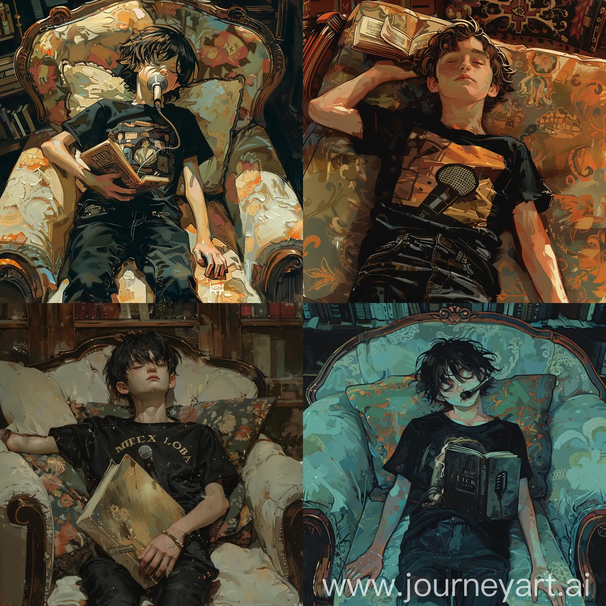 Vintage painting style design, a young boy in a black t-shirt with a microphone pattern on the t-shirt, wearing black jeans, lying on an old sofa, slightly far angle, a book titled midnight library left open on the boy's face. and lying down, and the boy's face is covered with a book, the surrounding theme and color is like an anime-style room