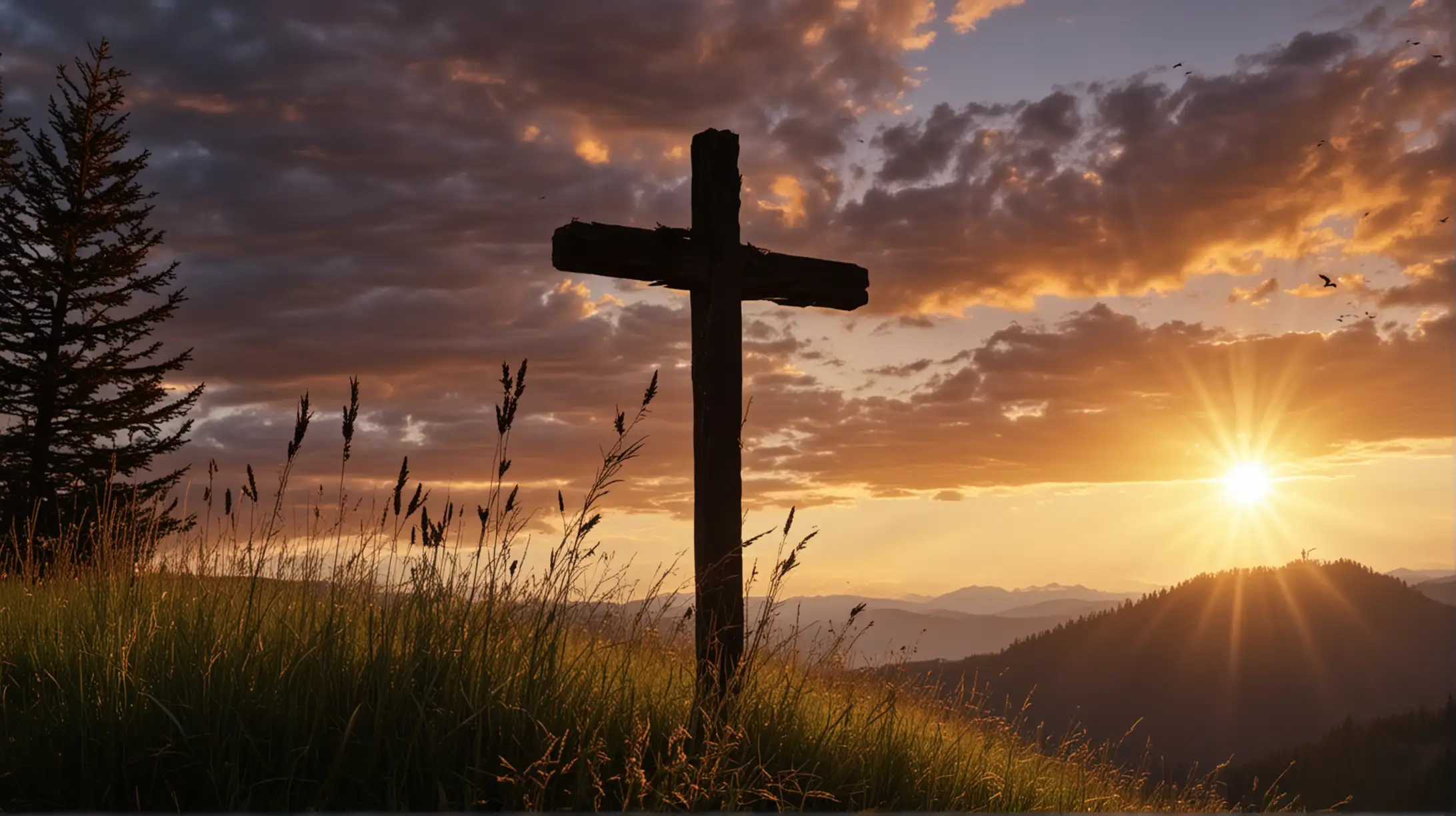 A silhouette of a big thick cross, is pictured overlooking a beautiful colorful mountain top, luscious flowing grass blows in the wind,  keep the cross big and in the foreground, keep the cross the focus of the picture, evergreen trees can be seen in the picture as if the viewer is looking out from the trees, the sun is setting in the distance, birds can be seen in the distance.