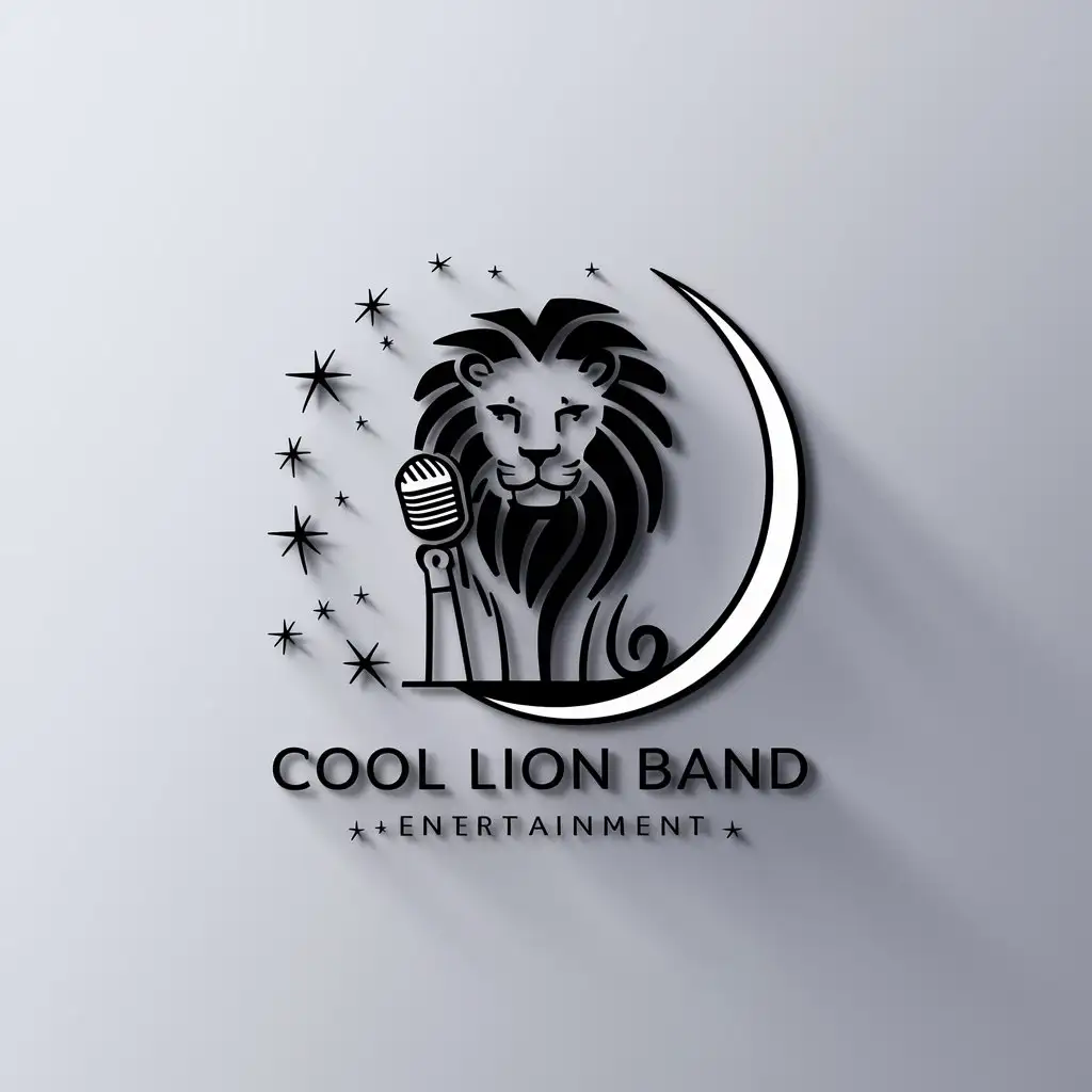 a logo design,with the text "Cool lion band", main symbol:lion zodiac sign, microphone, surrounded by stars, moon,Minimalistic,be used in Entertainment industry,clear background