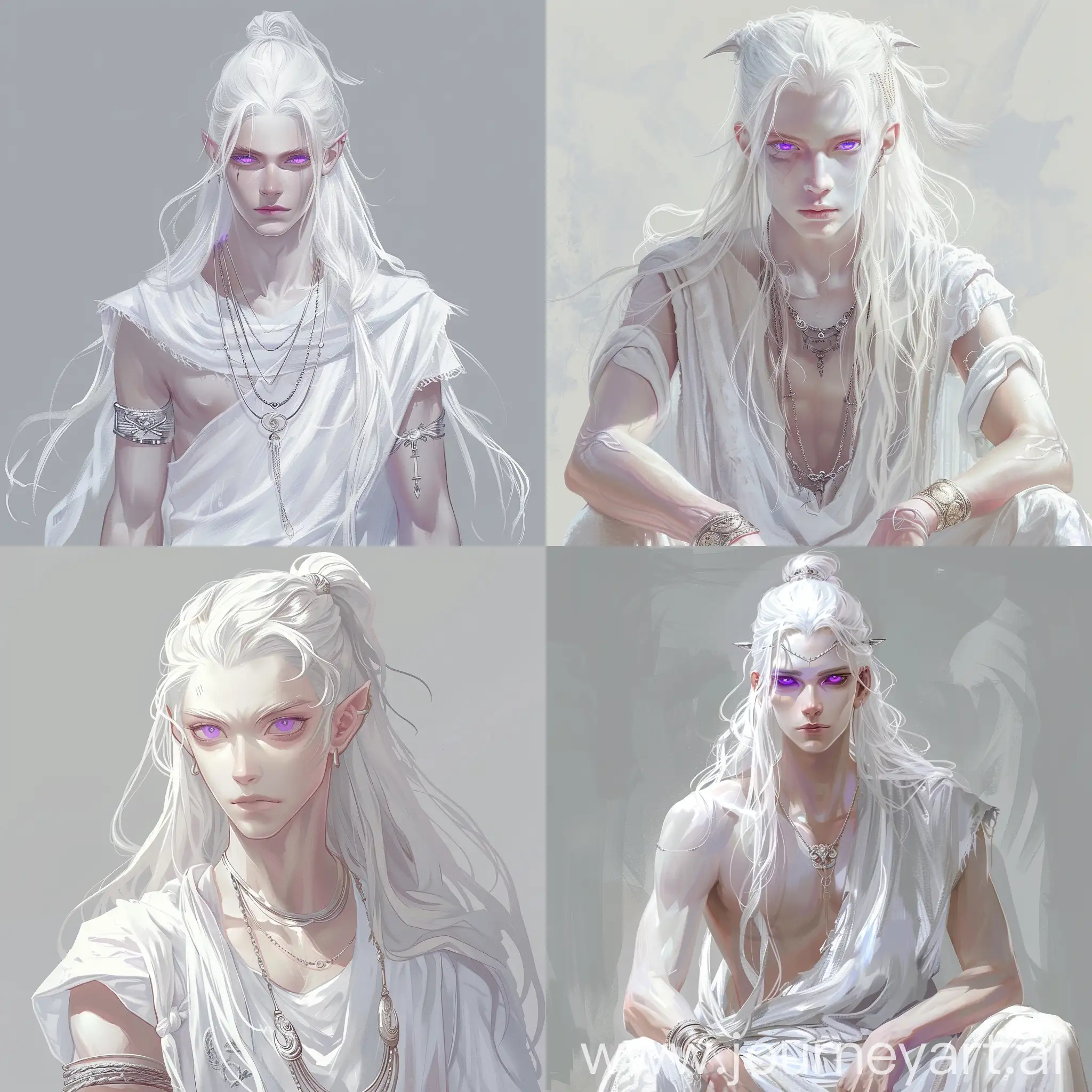 an albino boy, long white hair, androgynous appearance, effeminate, purple eyes, wearing white ancient Greek clothes, silver necklace, silver bracelets, bun, female face, illustration