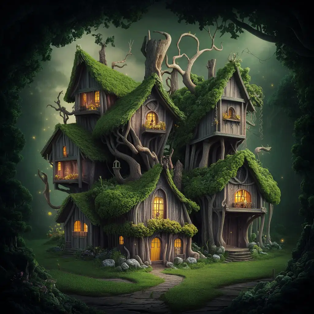 Dark Fantasy Nature Kingdom Village with Creative Fantasy Houses and Greenery