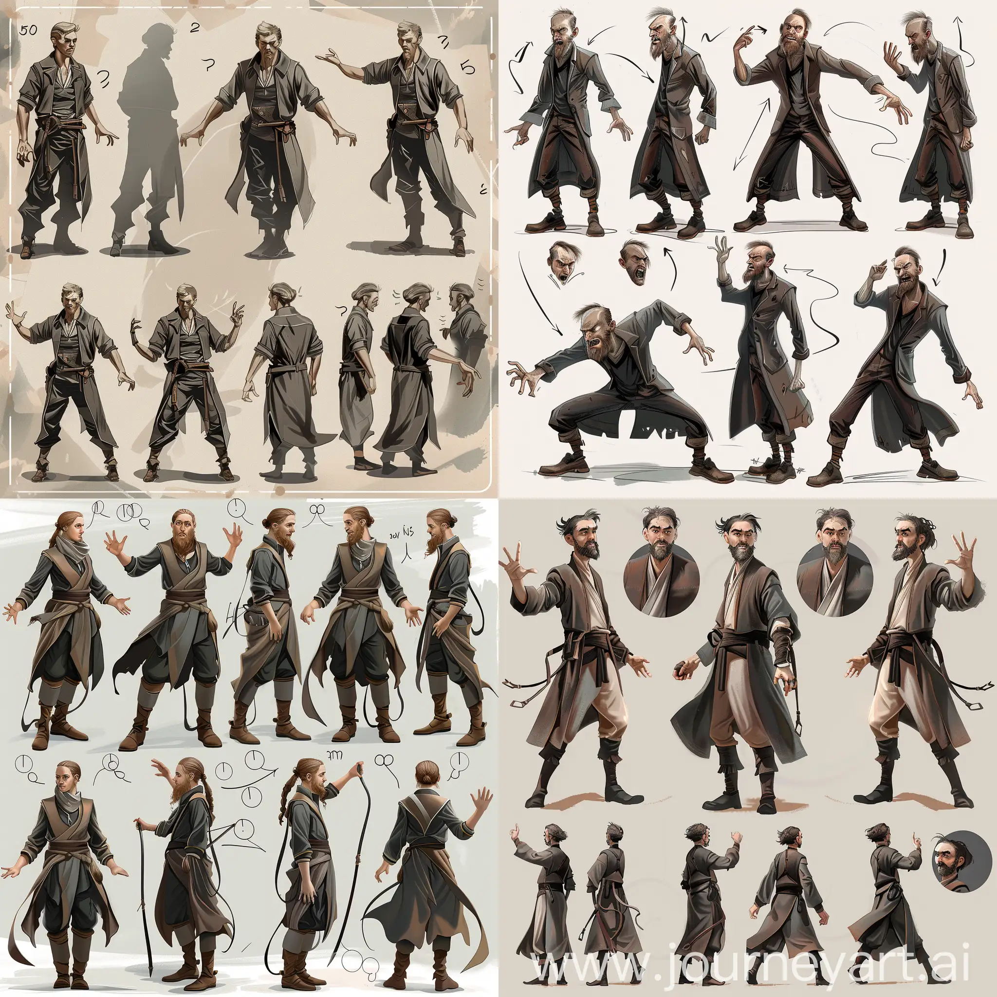 a detailed description of the character, various poses and emotions