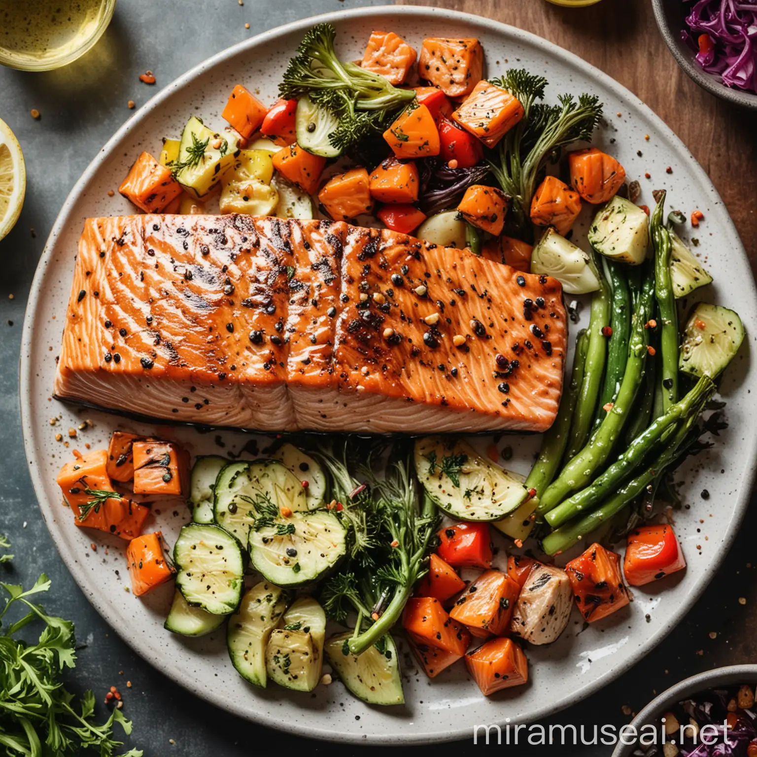 A vibrant picture of a grilled salmon fillet on a plate with a side of vegetables.