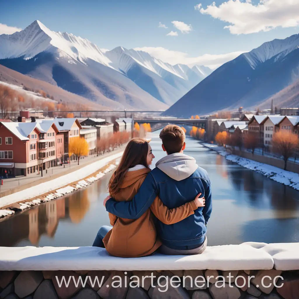 Влюбленная молодая пара сидит спинами в горах обнимаясь, горы снежные, внизу город и река