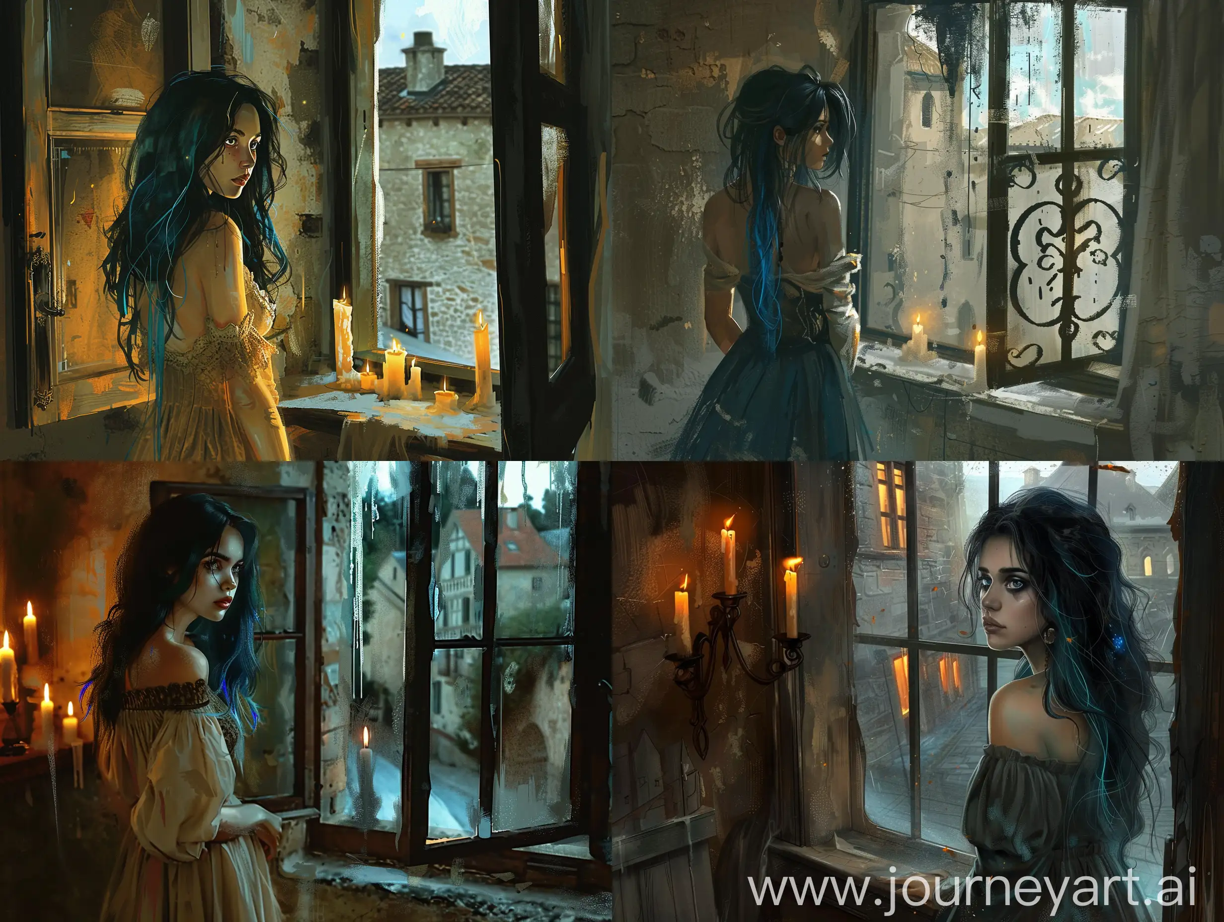 Красивая женщина с черными волосами и синими прядями волос стоит у открытого окна и смотрит на улицу в комнате темно горят свечи длинное платье печаль одиночество тоска