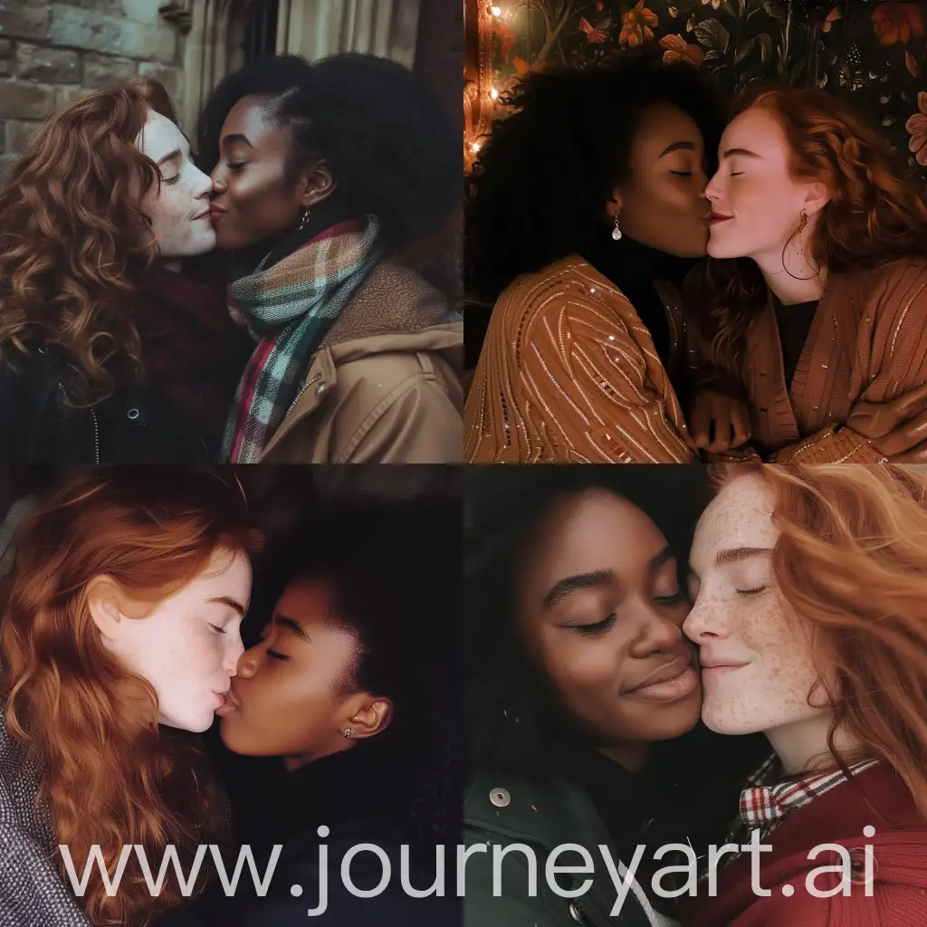 Instagram selfie: Hermione Granger and her black girl friend, romantic, cute, warm and cozy vibes, kissing cheek, wide set photo