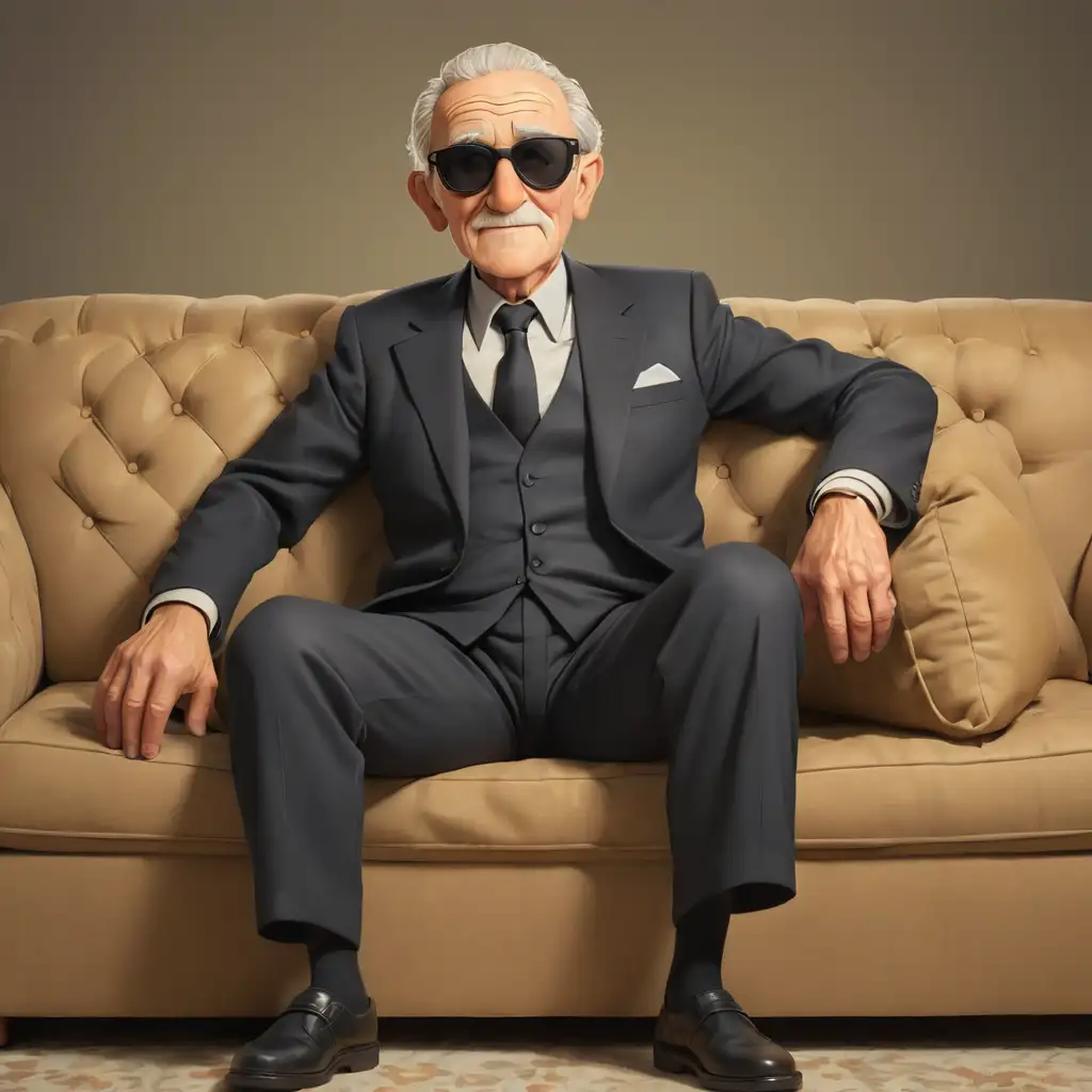 мультяшный 80 летний мужчина в черных солнцезащитных очках сидит на диване в костюме в полный рост 
