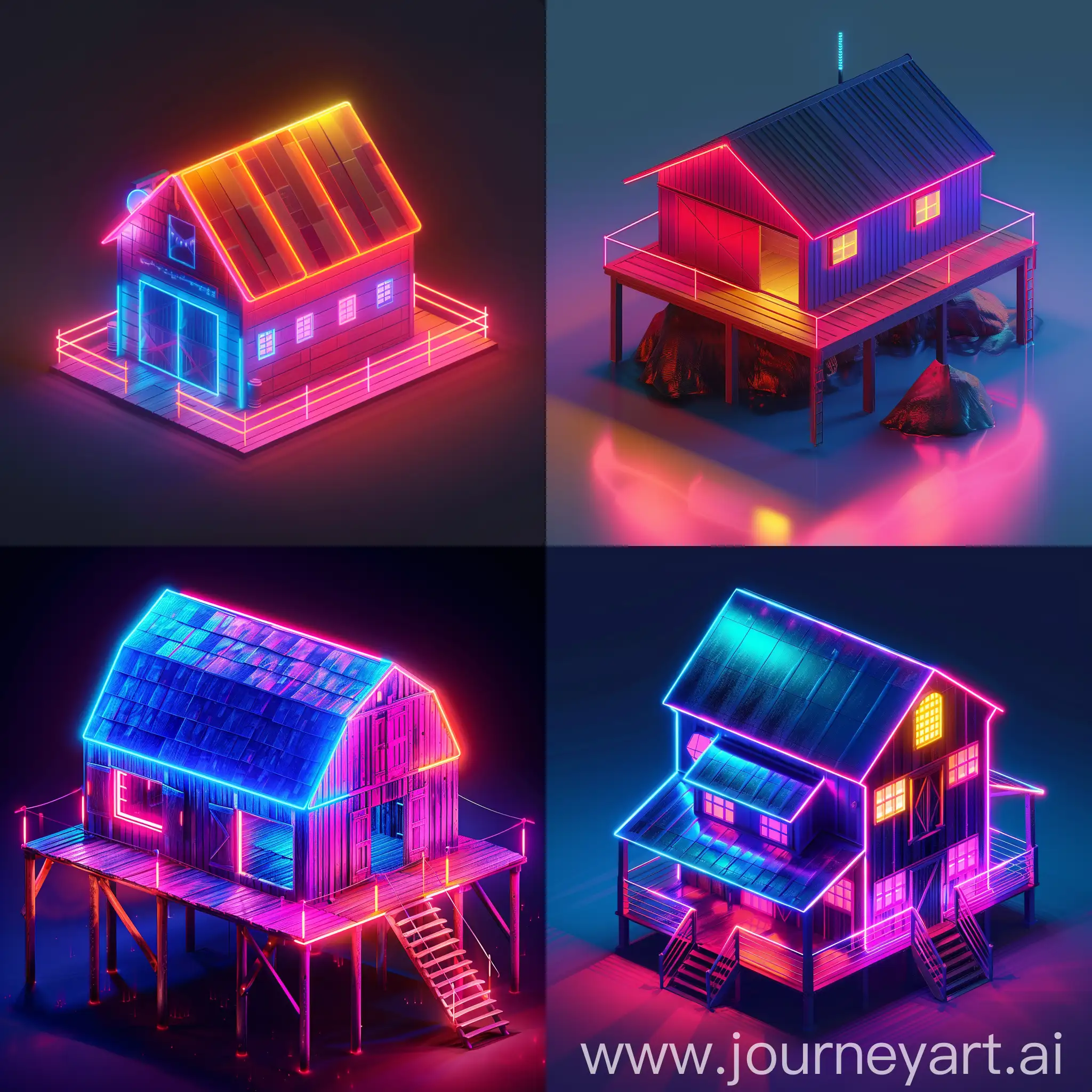 Isometric-Barn-Building-on-Platform-in-Neon-Style