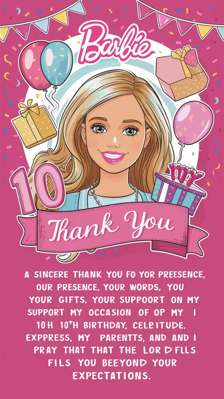 carte de remerciement anniversire theme barbie, avec le suivant:  Un sincère merci pour votre présence, vos mots, vos présents et soutiens divers à l'occasion de mon 10eme anniversaire.   Mes parents, mon frère et moi vous témoignons notre profonde gratitude et prions le Seigneur de vous combler au delà de vos attentes.