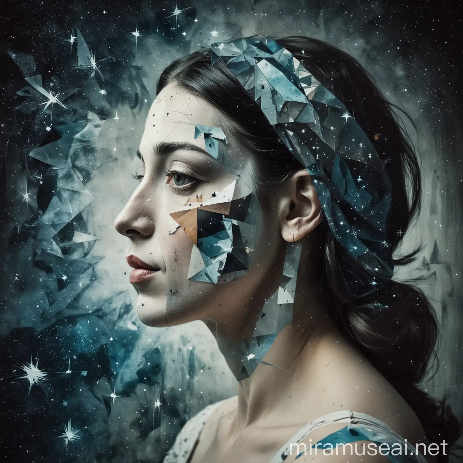 ‌double exposure of a painting woman inspired by Picasso and an astrophotography photo.