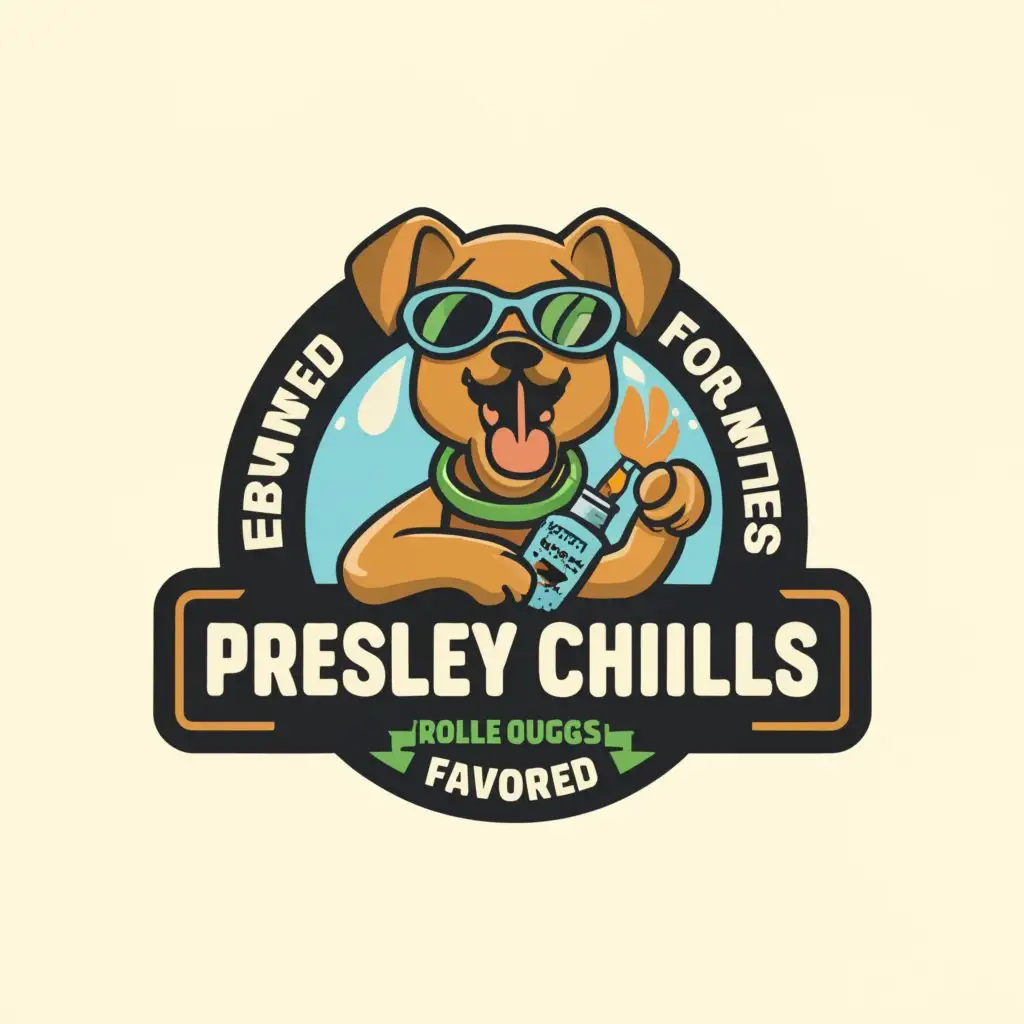 a logo design,with the text "Presley Chills", main symbol:Craft a playful yet professional cartoon-style logo for our CBD product for dogs, featuring a unique roller ball applicator. Highlight its flavored CBD and fast-acting relief within 10-15 minutes. Ovel shape logo,Moderate,be used in Animals Pets industry,clear background