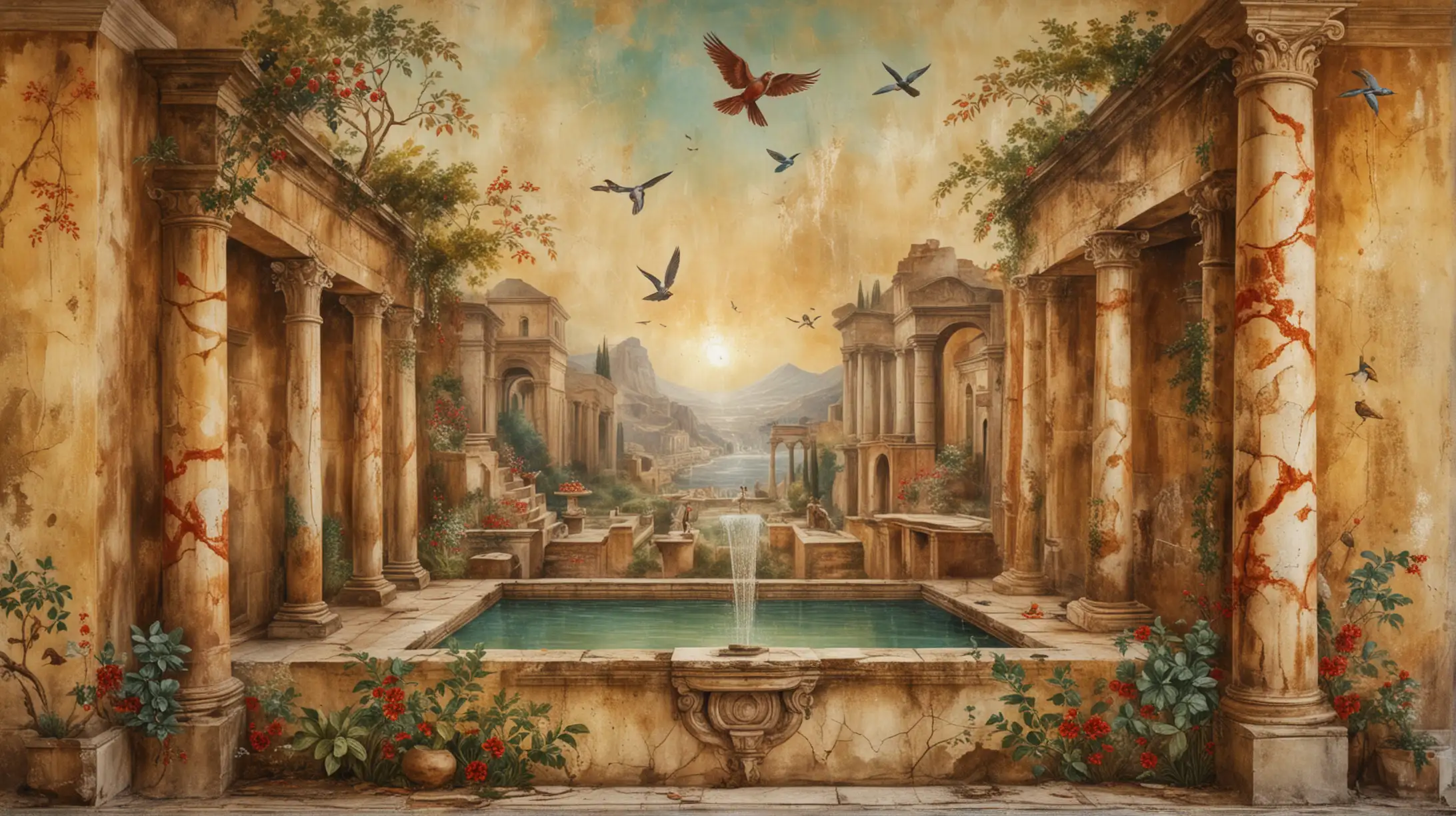 villa (Ancient city of Pompei)  wall with magnificent and imposing wall-painting, mural-painting (fresco), 3D wax encaustic,  with representative birds,  fountain, landscape, very beautiful, faded, cracked, aged texture