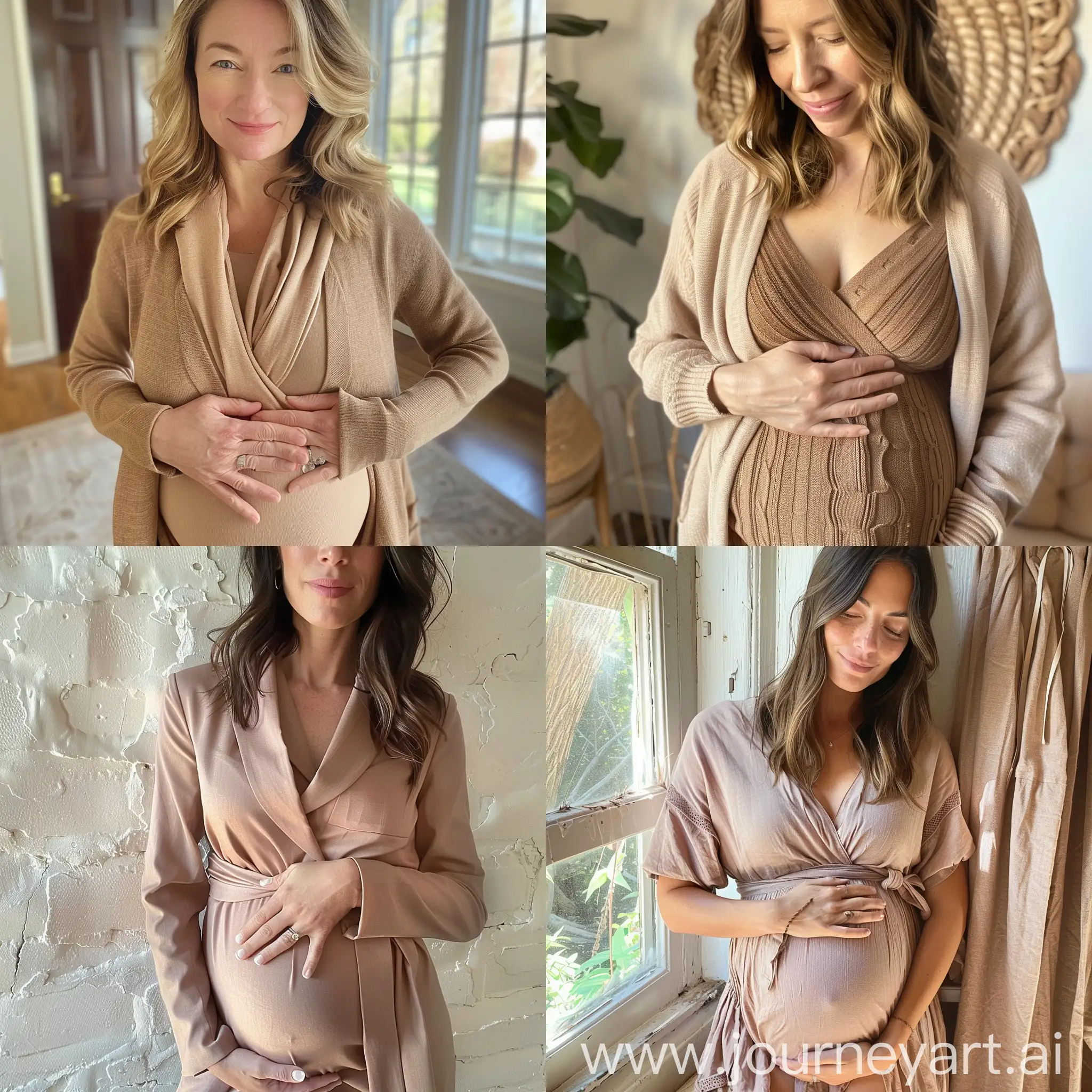 Aesthetic instagram selfie of a Middle School teacher, rubbing her belly, natural folds, woman, mid 40's, soft brown clothing color tones--ar 9:16